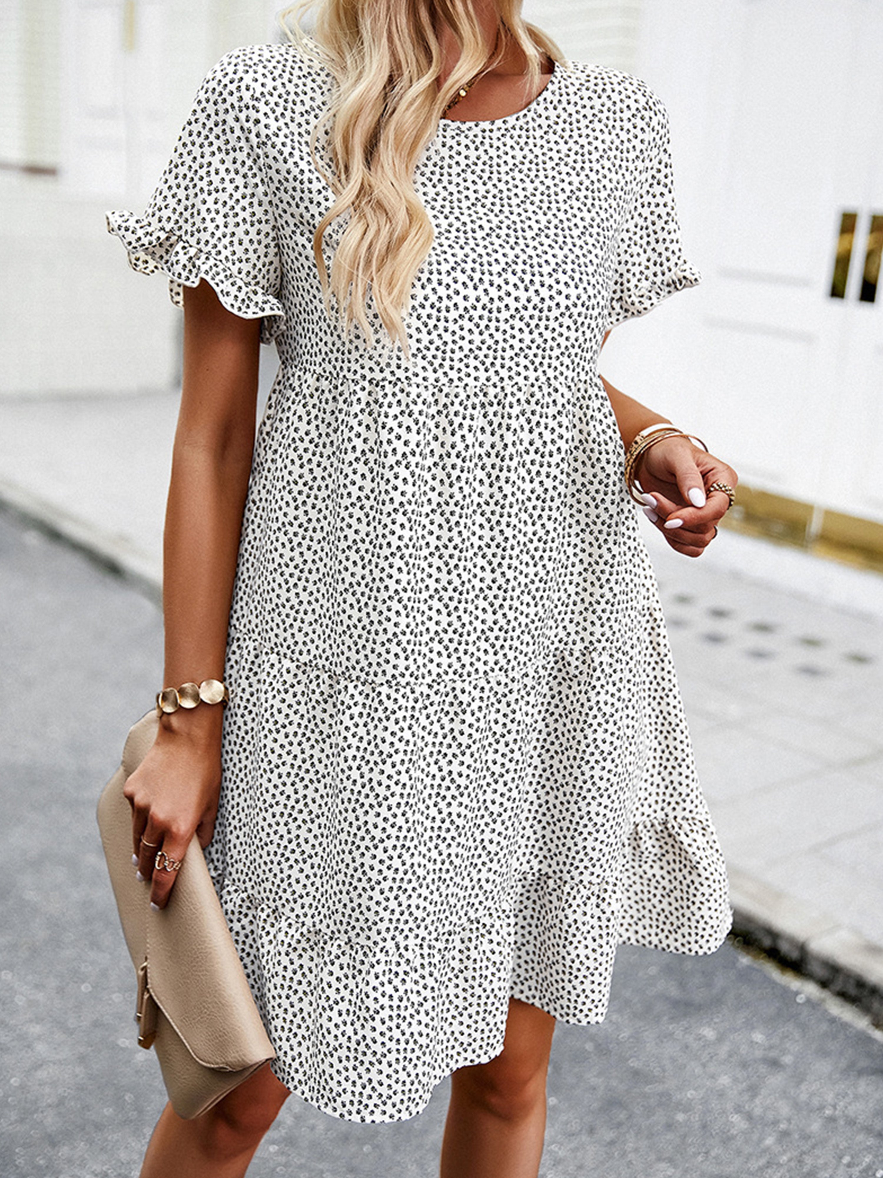 A Line Polka Dot Round Neck White Short Sleeves Wedding Guest Dress