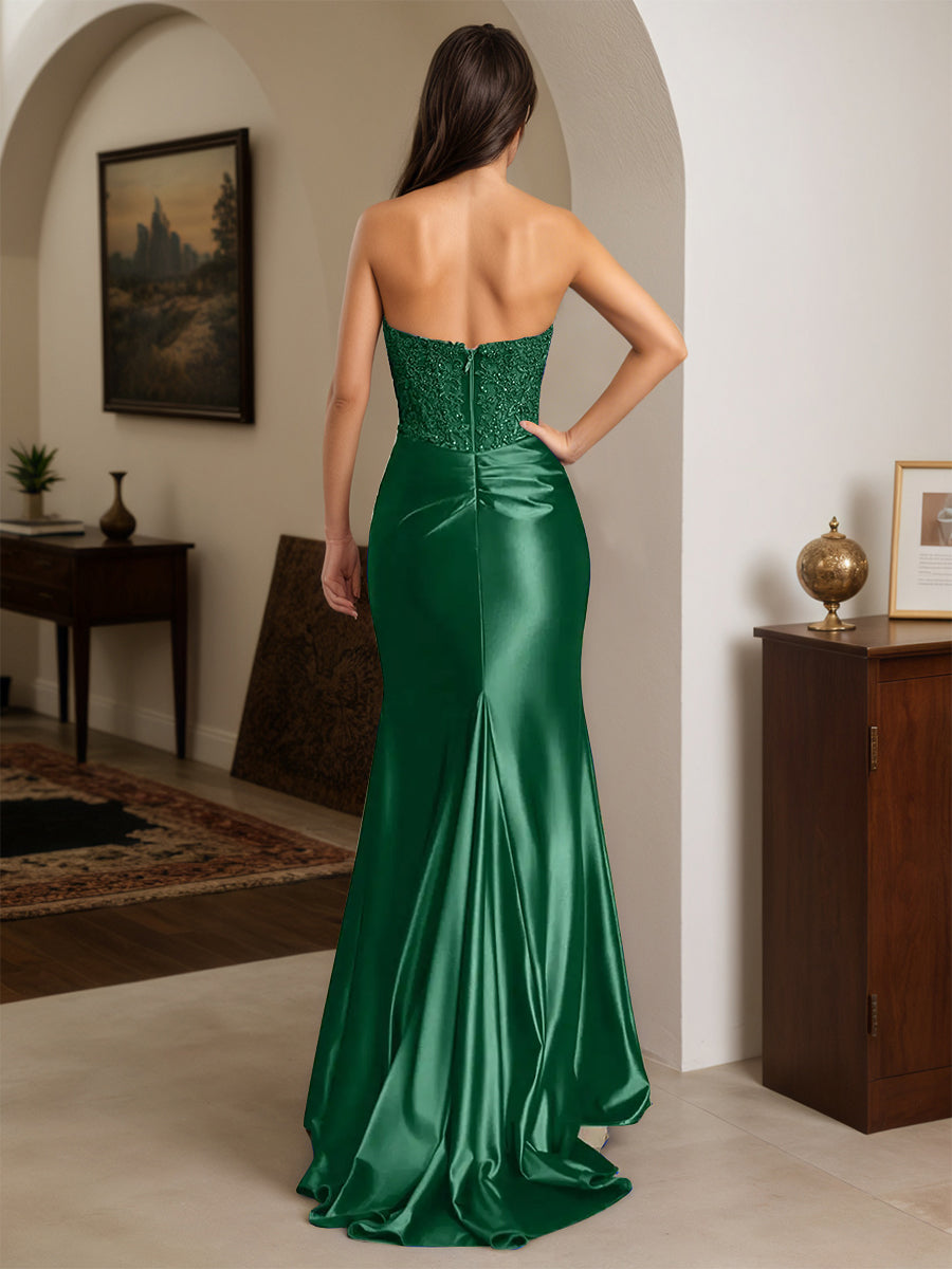 Cicinia Dark Green Prom Dresses Stretch Satin Trumpet Strapless Appliques Slit Lace Evening Dress