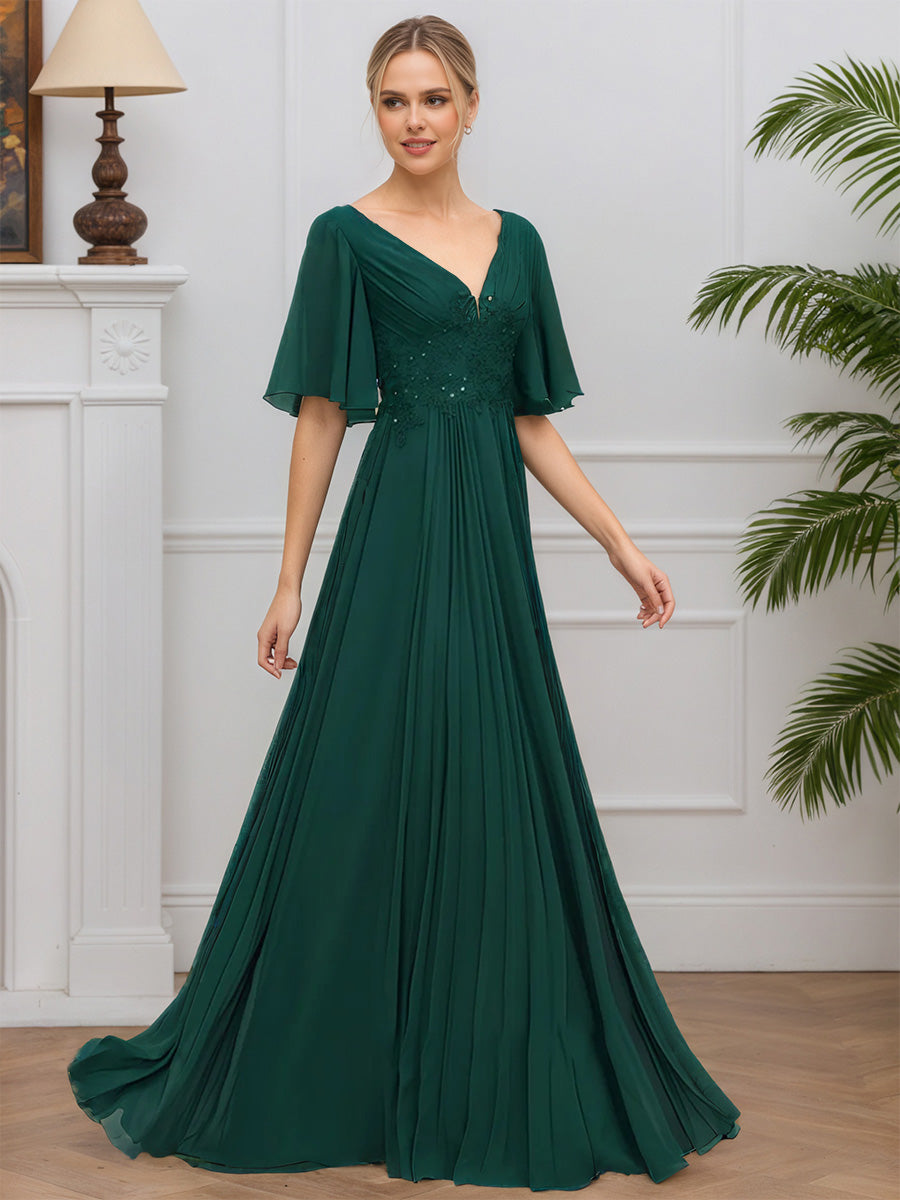 Cicinia Modest Dark Green Mother Of The Bride Dresses Chiffon Lace A-Line V-Neck Half Sleeces
