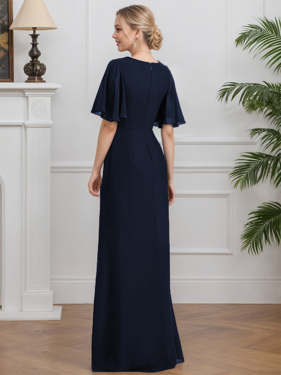 Cicinia Dark Navy Mother Of The Bride Dresses Chiffon Sheath Jewel Half Sleeves Floor Length