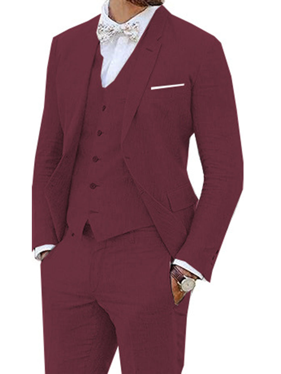 Retro Style Burgundy 3 Piece Men‘s Linen Suit with Tailcoat Jacket for Weddings and Proms