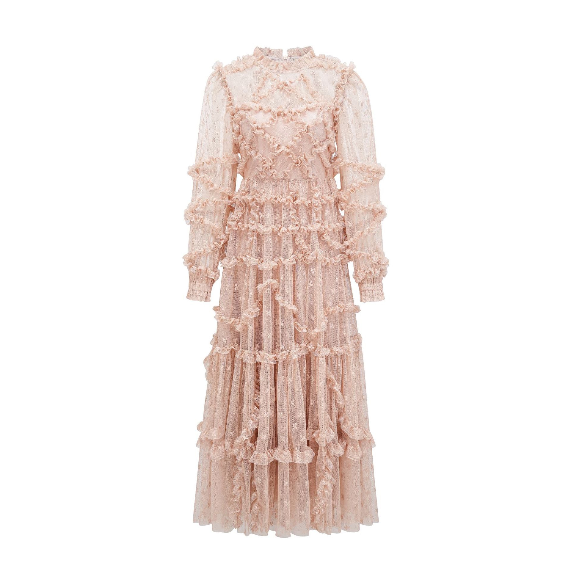 Elegant Mesh Embroidery Basic Pink Long Evening Prom Dress