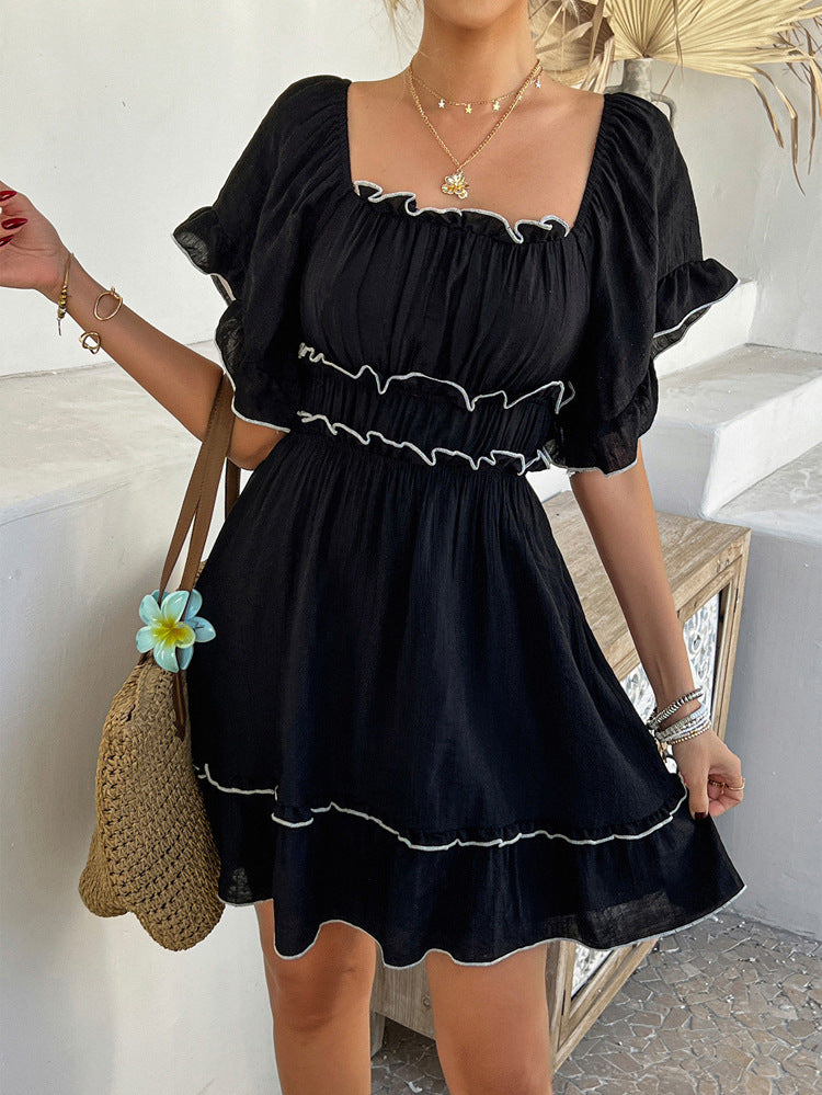 Sleeves Black Ruffle Short Sleeves A-Line Short Wedding Guest Dress with Convertible Neckline