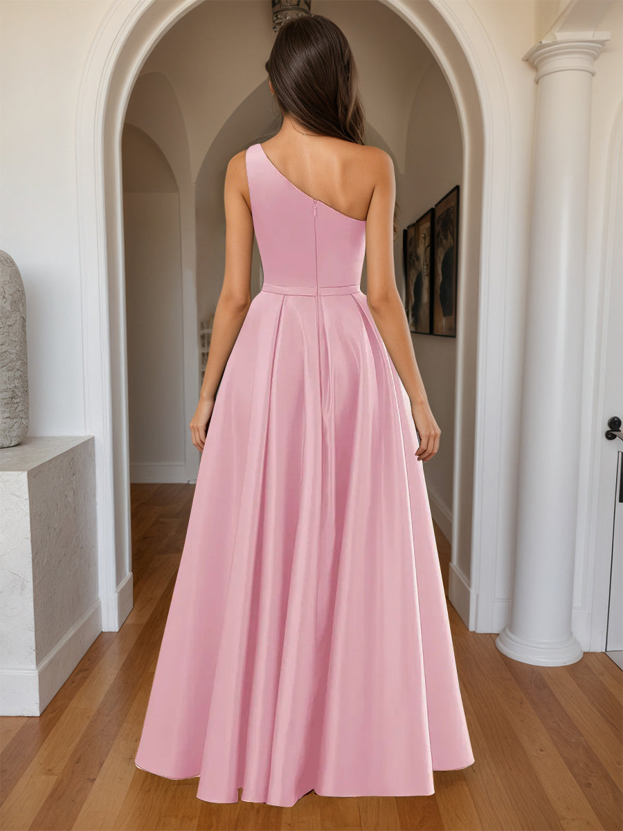 Cicinia Pink Prom Dresses Satin A-Line One Shoulder with Slit Floor Length Gowns