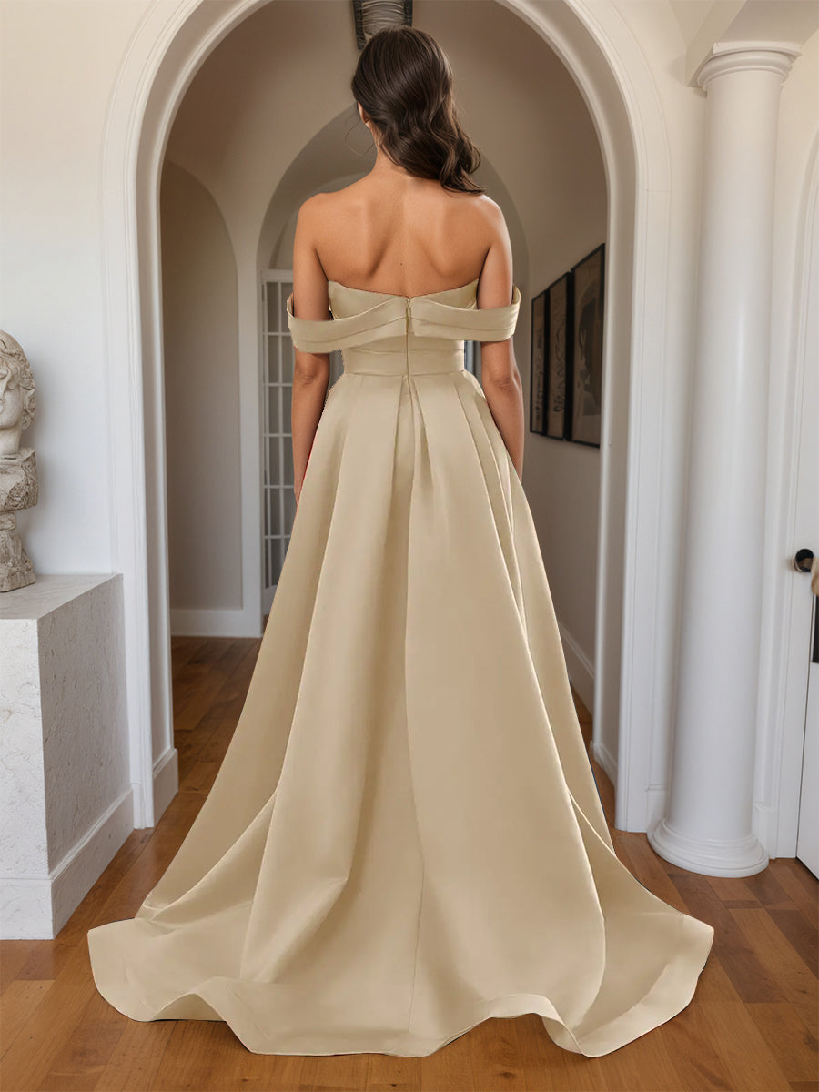Cicinia Champagne Prom Dresses Soft Satin Off The Shoulder Sheath/Column Long Party Dress
