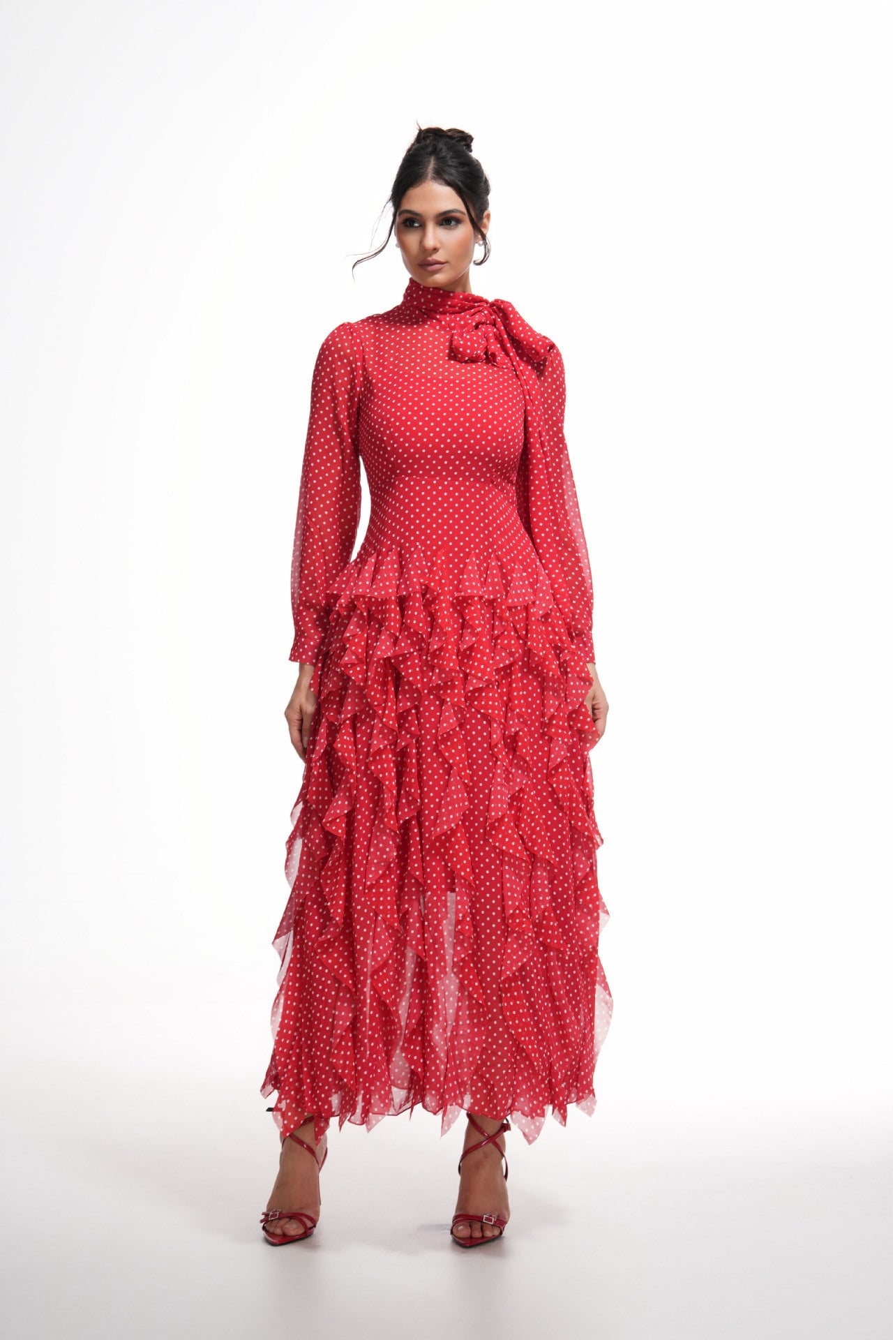 Red Temperament Polka Dot Half High Neck Long Sleeve Prom Dress
