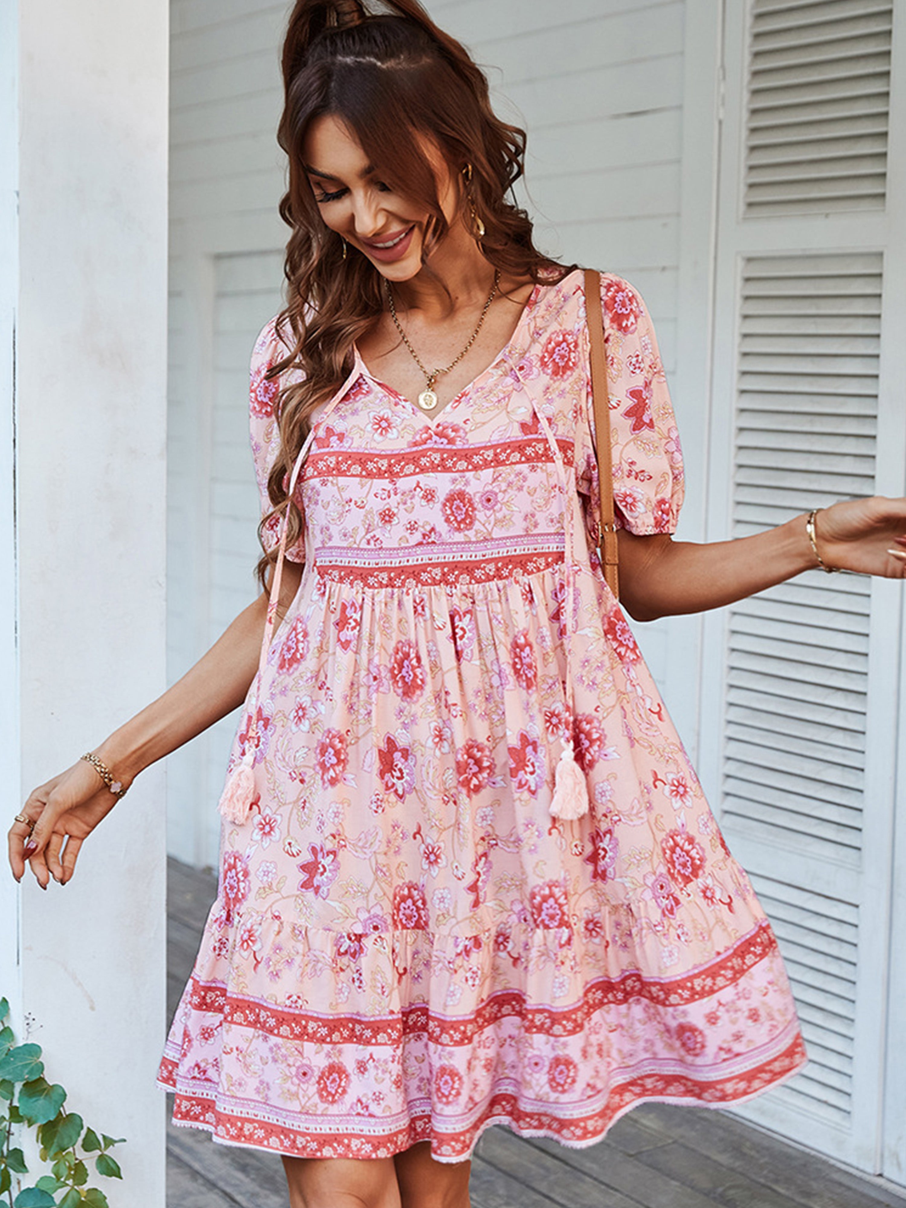 Pink V Neck Casual Boho Short Sleeves Wedding Guest Dress