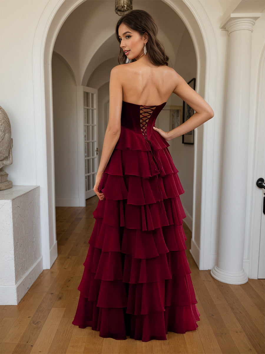 Cicinia Burgundy Prom Dresses Sweetheart A-Line Layers Floor Length Slit Evening Gowns