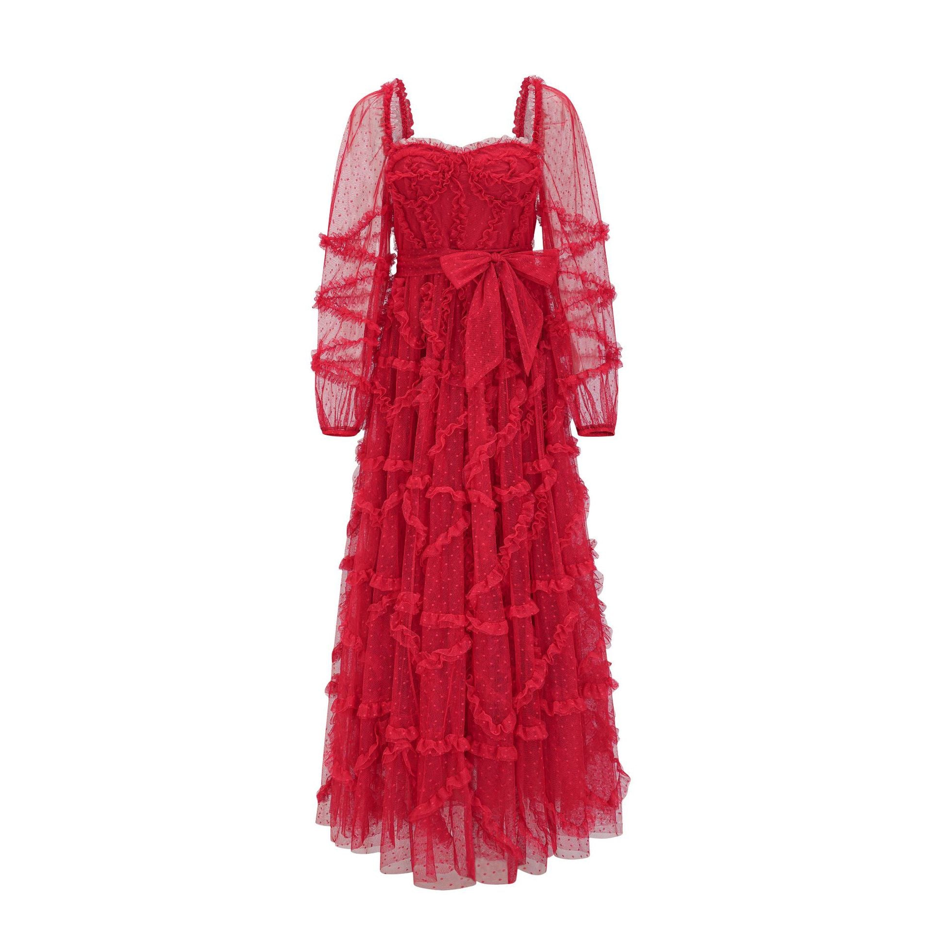 Red Sweetheart Polka Dot Tulle Long Sleeve Maxi Prom Dress with Bowknot