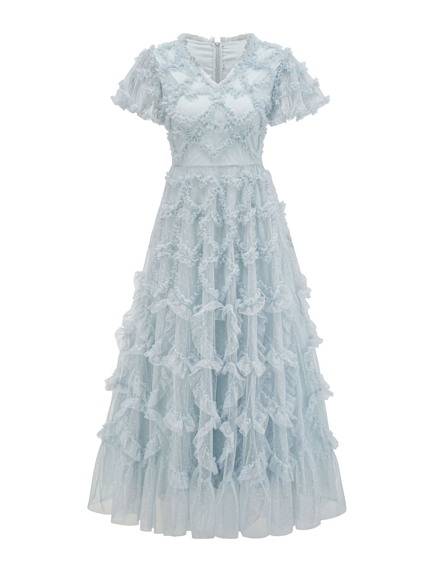 Ruffles A Line V Neck Short Sleeves Green Prom Dress