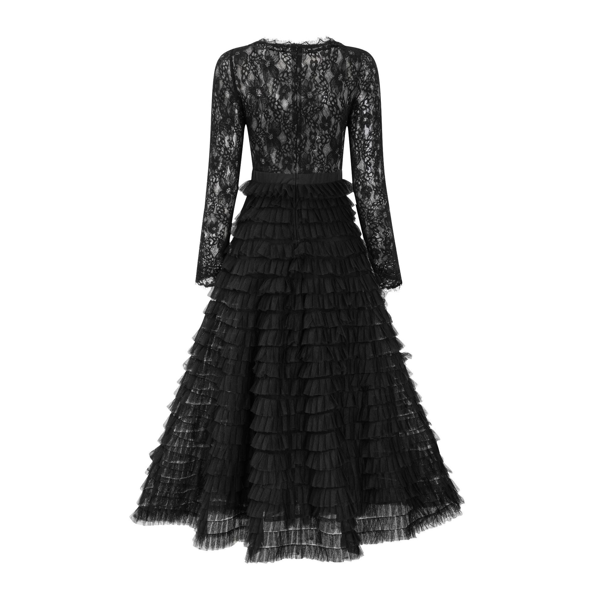 Illusion A Line Black Lace Top Long Sleeves Long Prom Dress