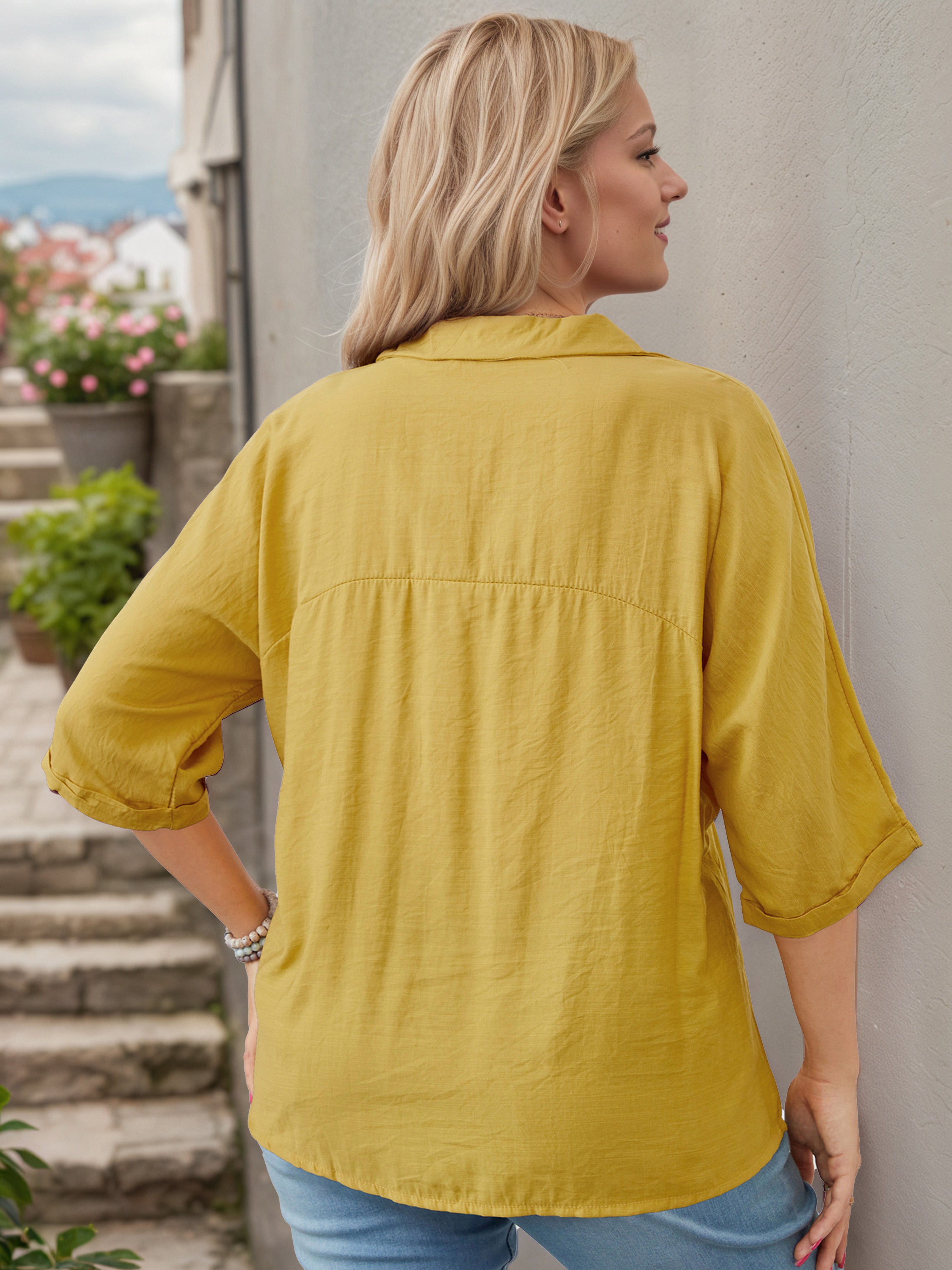 Plus V-Neck Button Half Sleeves Yellow Blouse