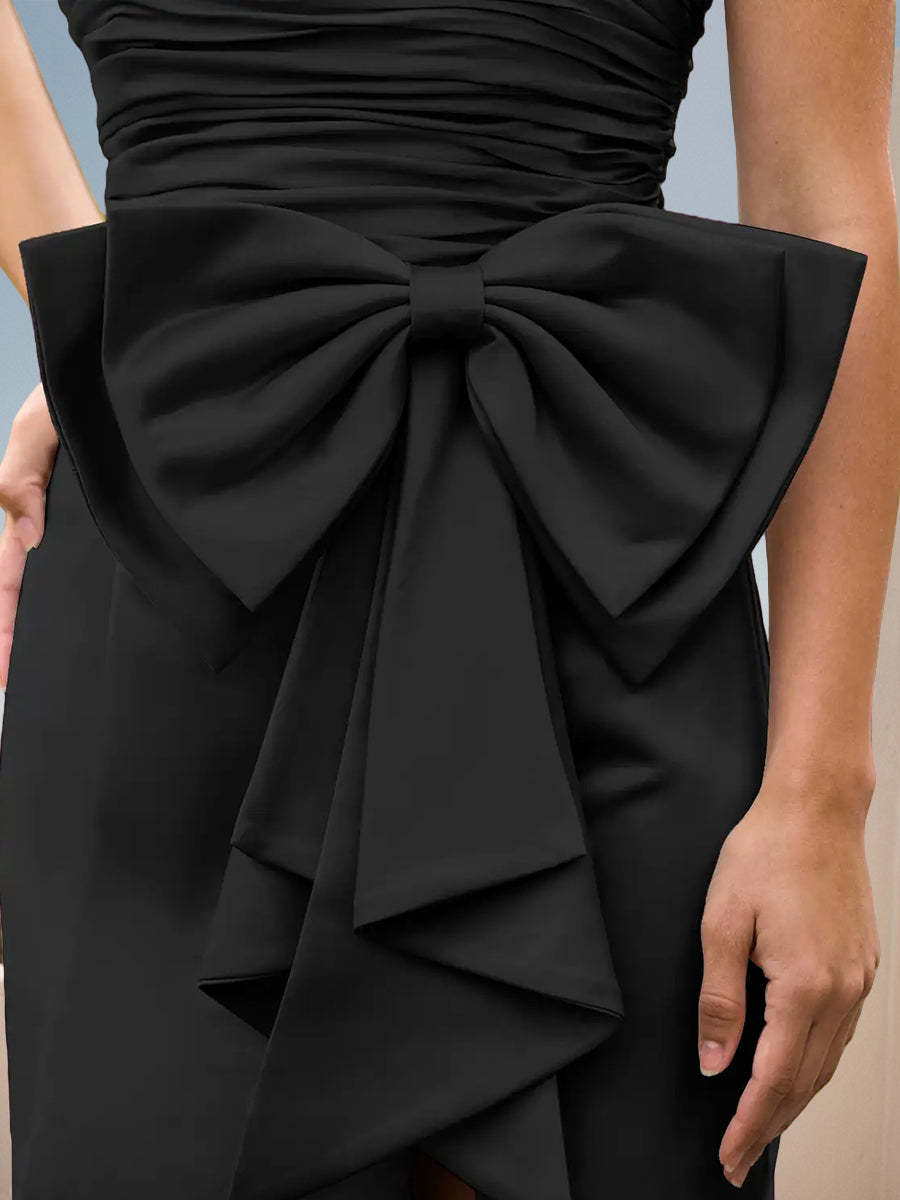 Cicinia Black Prom Dresses Stretch Fabric Bowknot Sheath Slit Strapless Evening Gowns