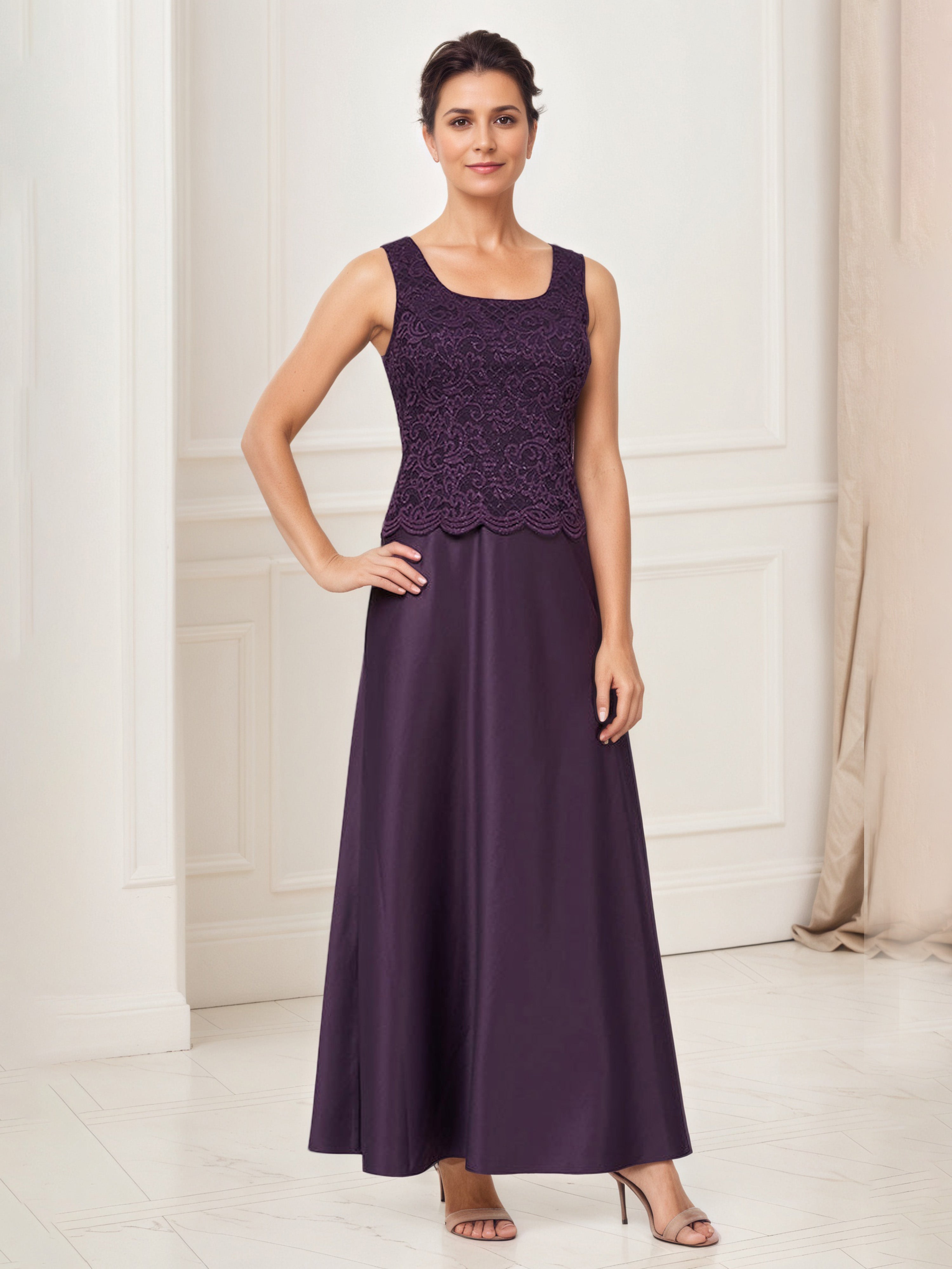Glitter Lace Bodice Satin Aubergine Mother Of The Bride Dress with Lace Jacket
