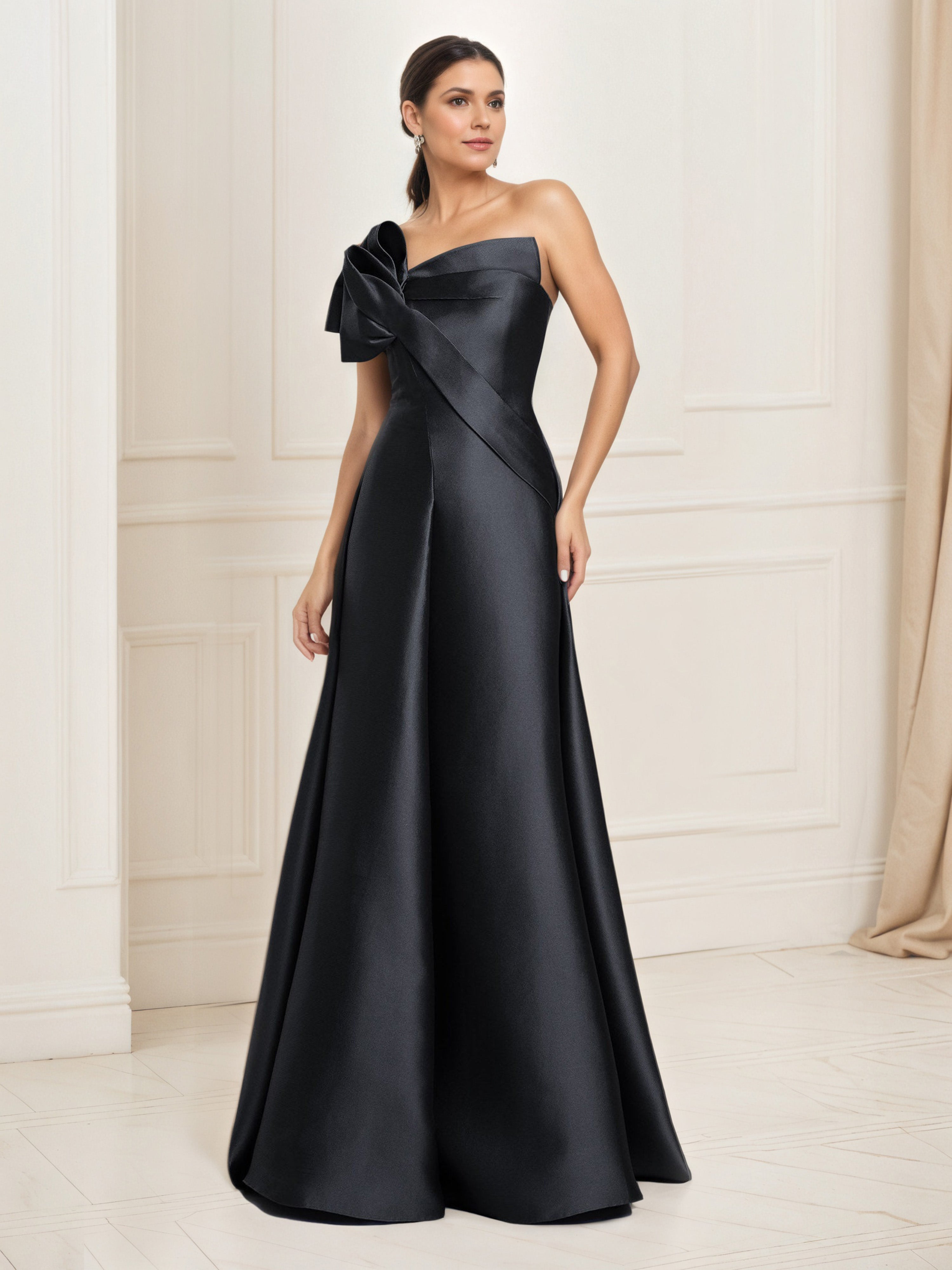 Satin Black Prom Dresses Floor Length A-Line Prom Dress with Strapless Satin Black Prom Dresses Floor Length A-Line Prom Dress with Strapless