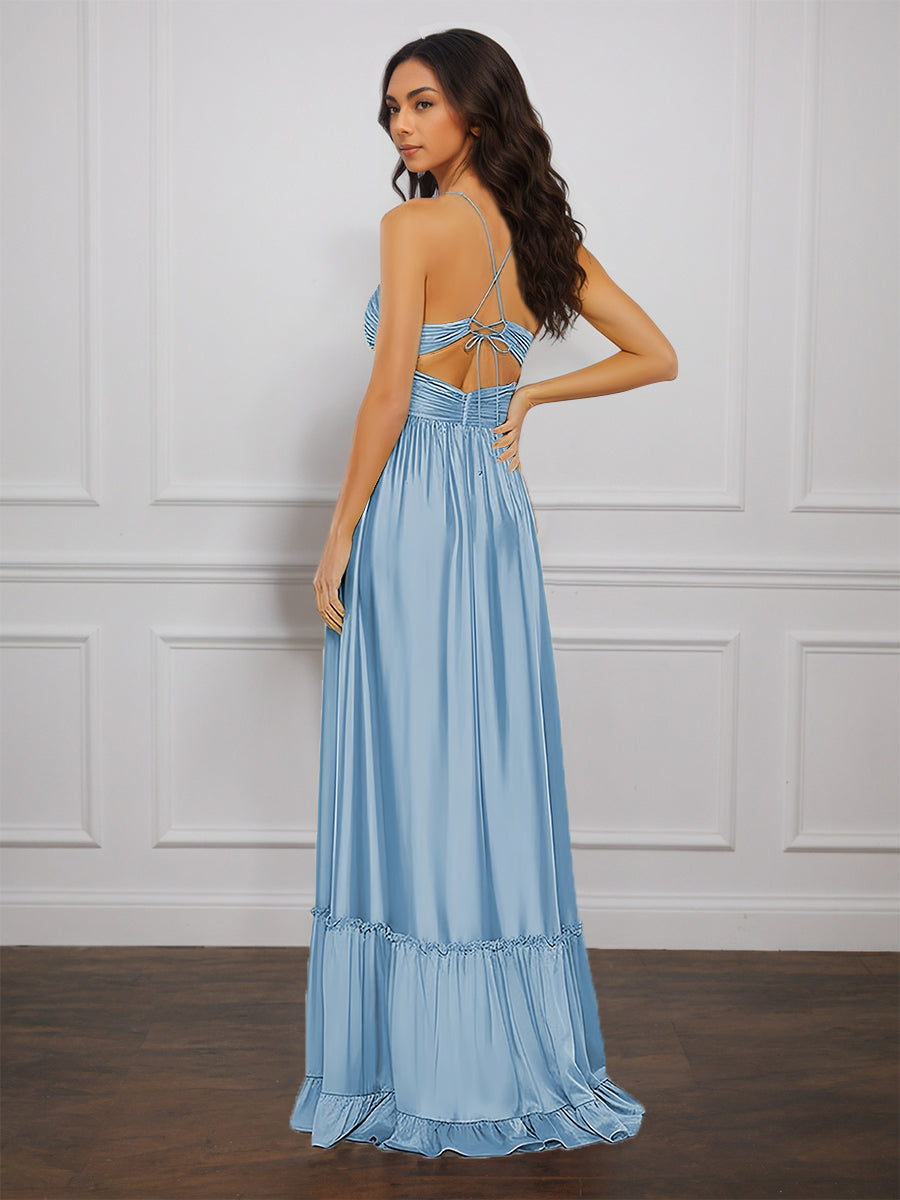 Cicinia Sky Blue Prom Dress with Spaghetti Straps Ruched Soft Satin A-Line Formal Evening Gowns