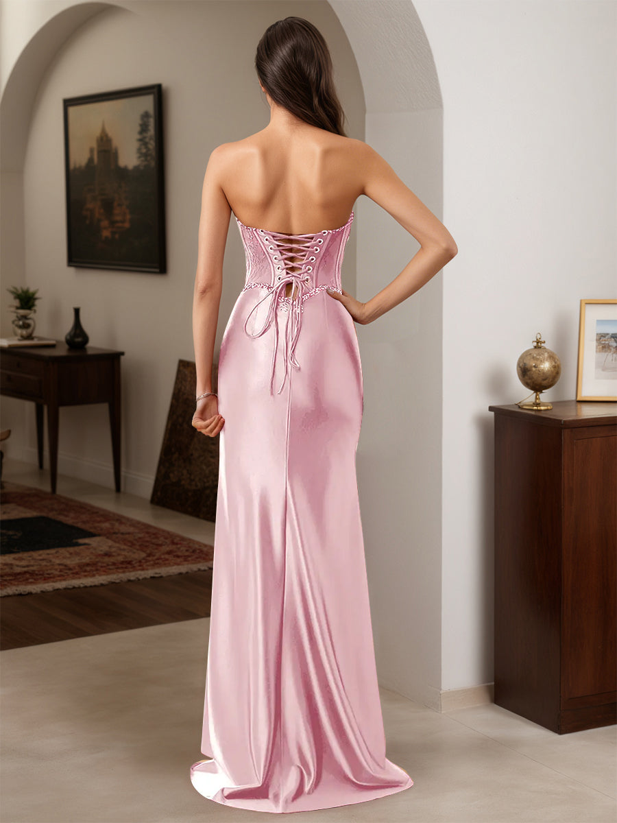 Cicinia Pink Prom Dresses Sheath Beading Sweetheart Strapless Slit Party Gown