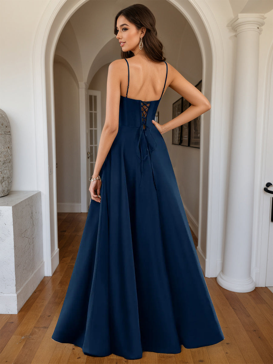 Cicinia Navy Blue Prom Dresses Satin Sweetheart A-Line Spaghetti Straps Floor Length with Split