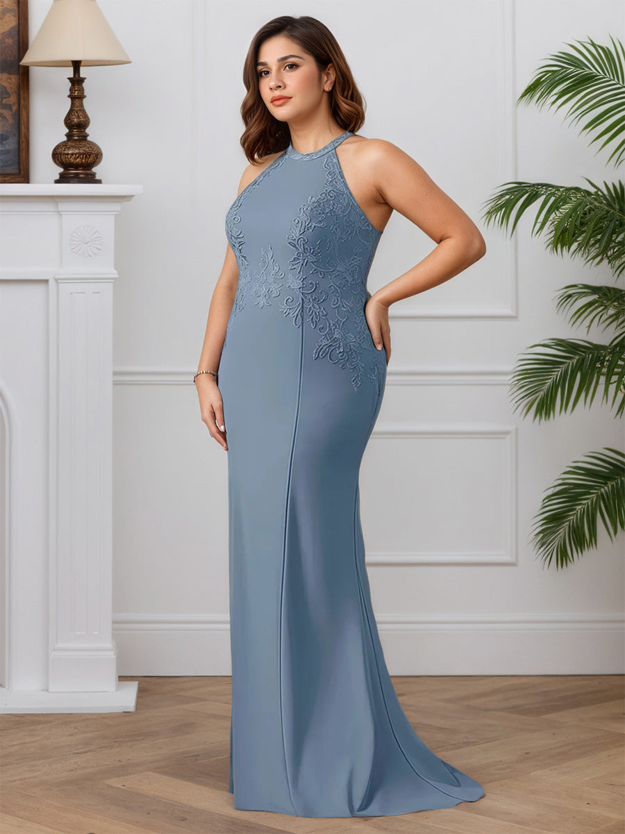 Cicinia Dusty Blue Mother Of The Bride Dresses Long Stretch Fabric Halter Sheath Sleeveless Plus Size