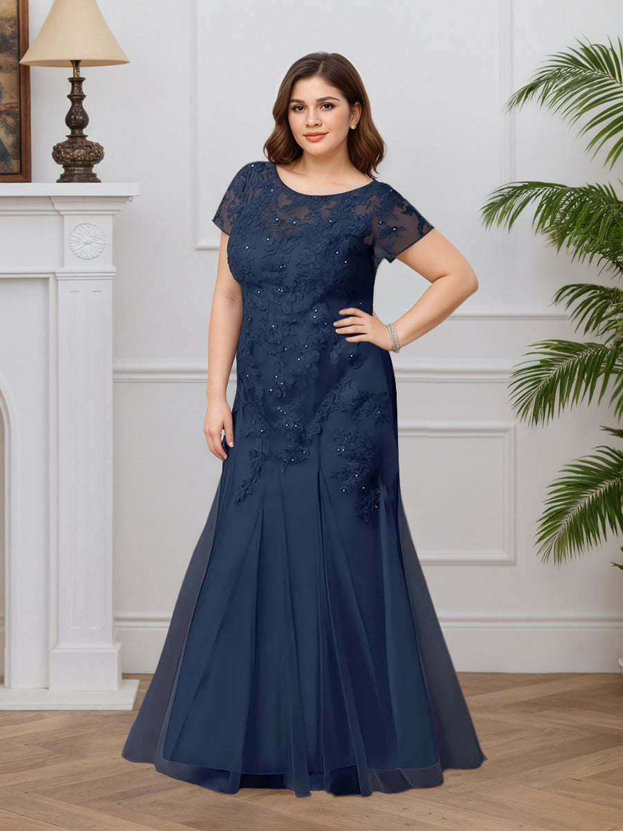 Cicinia Dark Navy Mother Of The Bride Dresses Lace Tulle Mermaid Sleeves Long Floor Length Plus Size