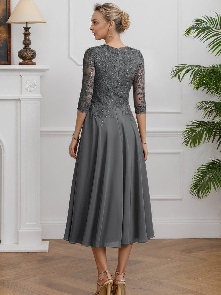 Cicinia Steel Gray Mother Of The Bride Dresses Chiffon Lace A-Line Sleeves V-Neck Tea Length