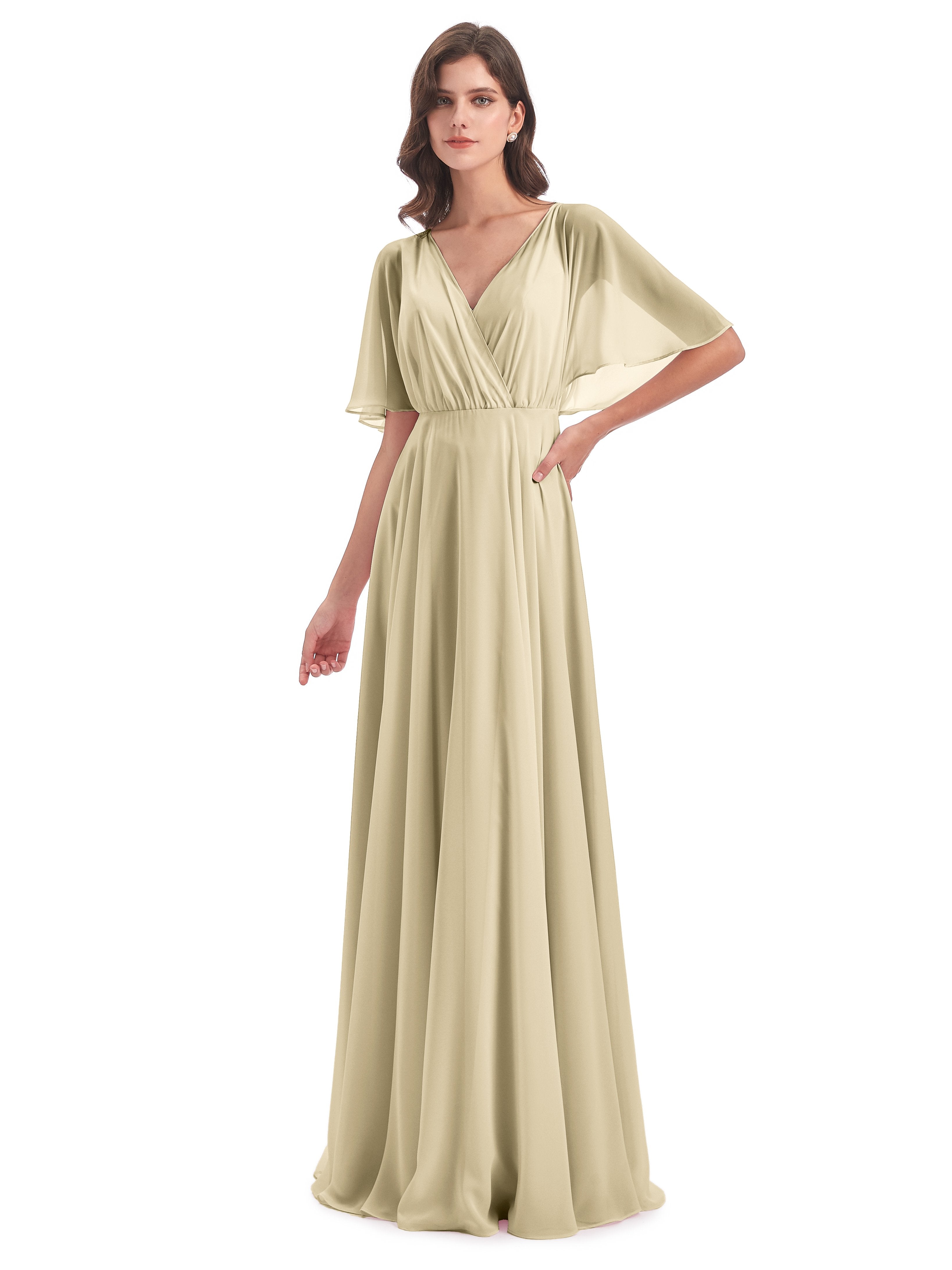 Champagne Gold Bridesmaid Dress Ada Casual Chiffon A-Line Short Sleeve Champagne Gold Bridesmaid Dress Ada Casual Chiffon A-Line Short Sleeve