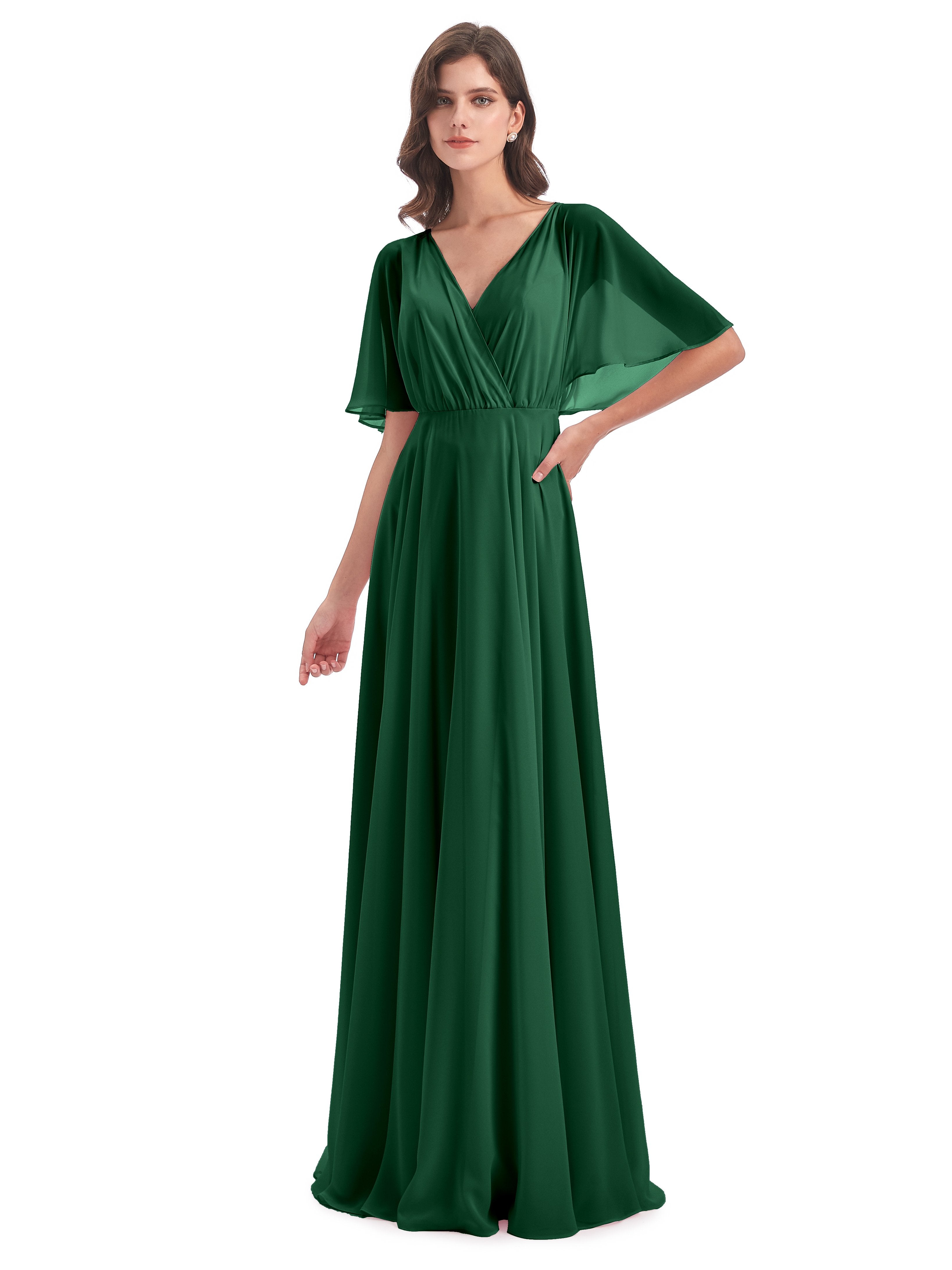Dark Green Dress Bridesmaid Ada Casual Chiffon A-Line Short Sleeves Lo Dark Green Dress Bridesmaid Ada Casual Chiffon A-Line Short Sleeves Lo
