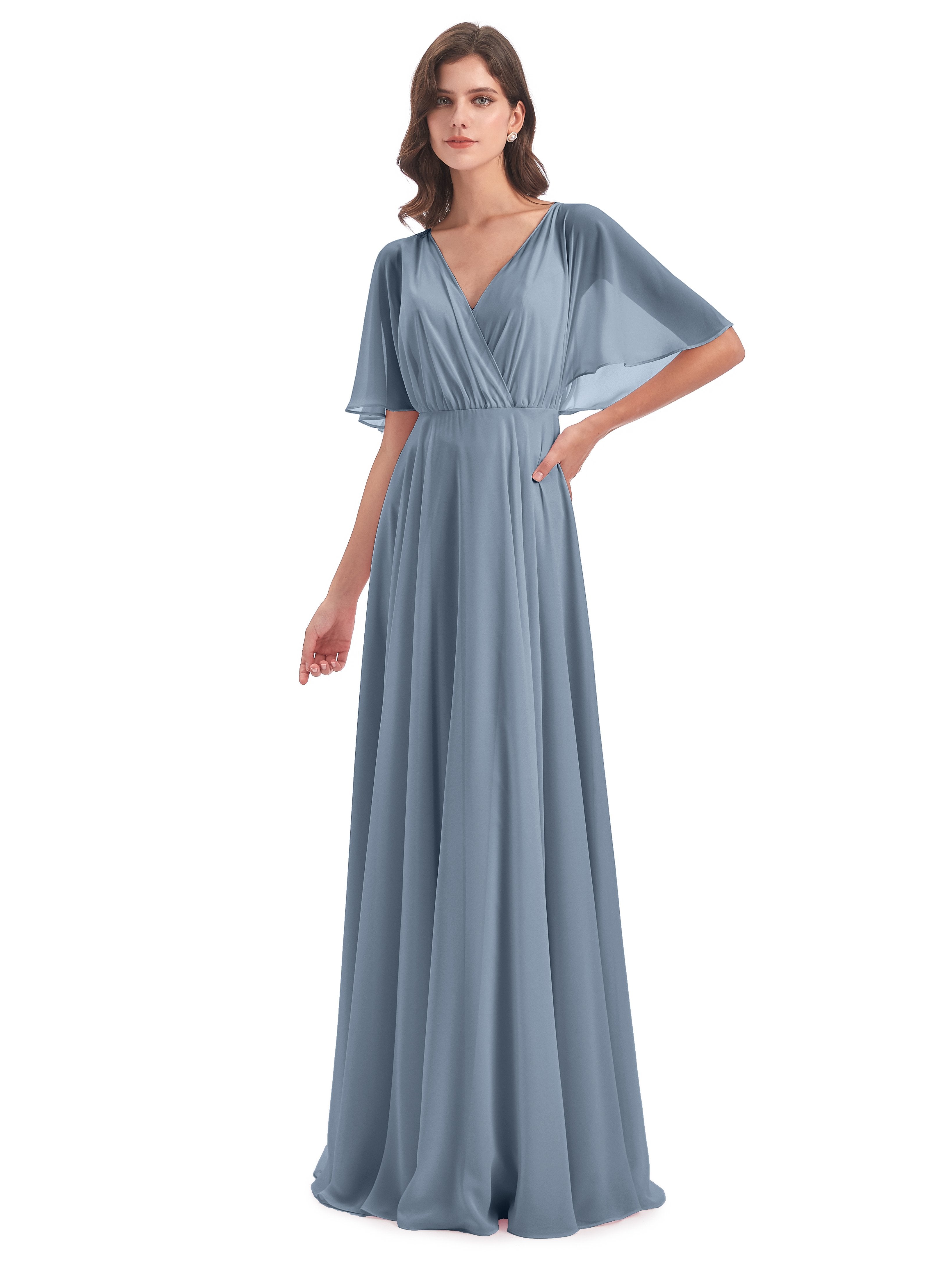Bridesmaids Dresses Dusty Blue Ada Casual Chiffon A-Line Short Sleeves Bridesmaids Dresses Dusty Blue Ada Casual Chiffon A-Line Short Sleeves