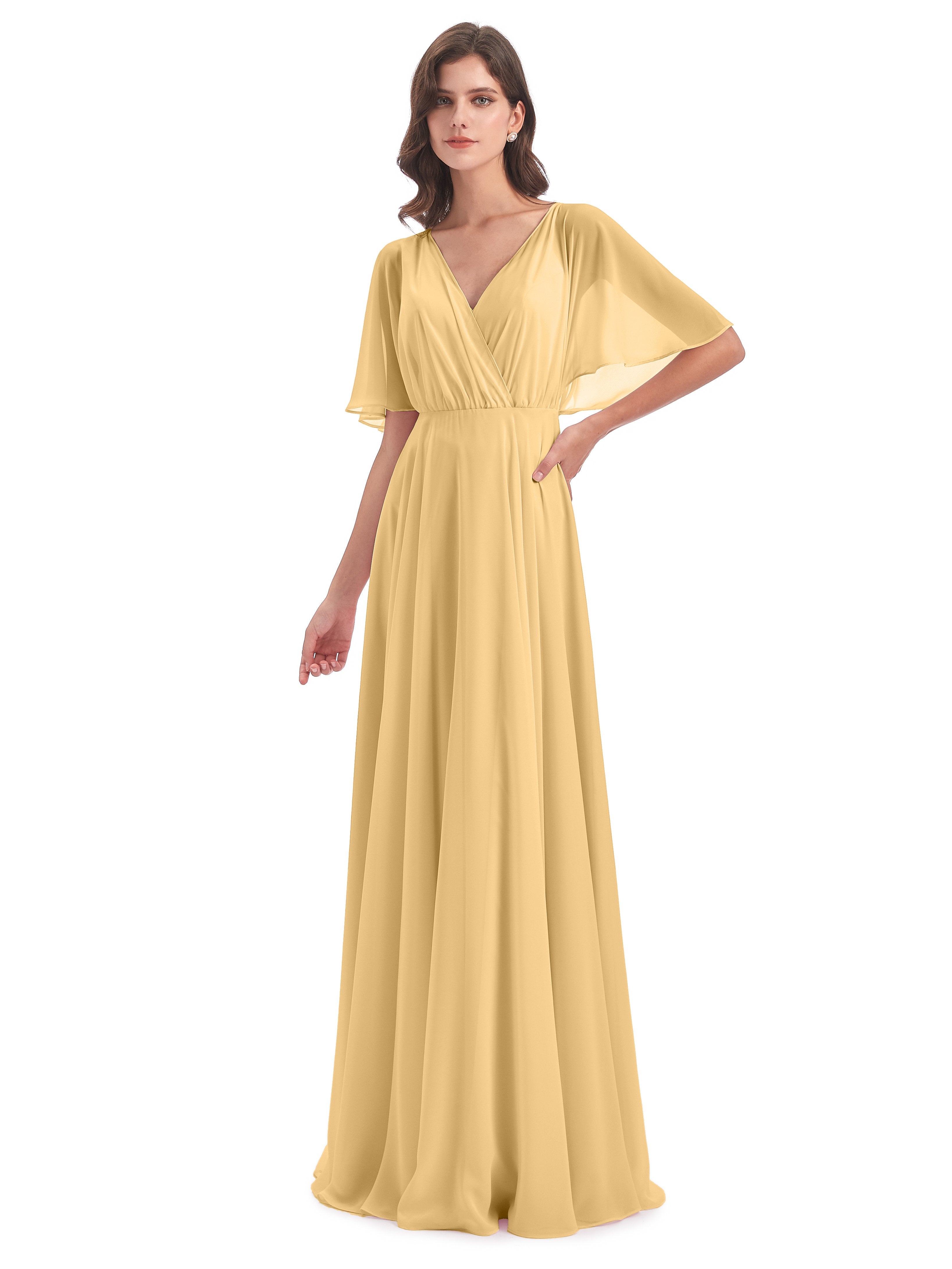 Golden Yellow Bridesmaid Dresses Ada Casual Chiffon A-Line Short Sleev Golden Yellow Bridesmaid Dresses Ada Casual Chiffon A-Line Short Sleev