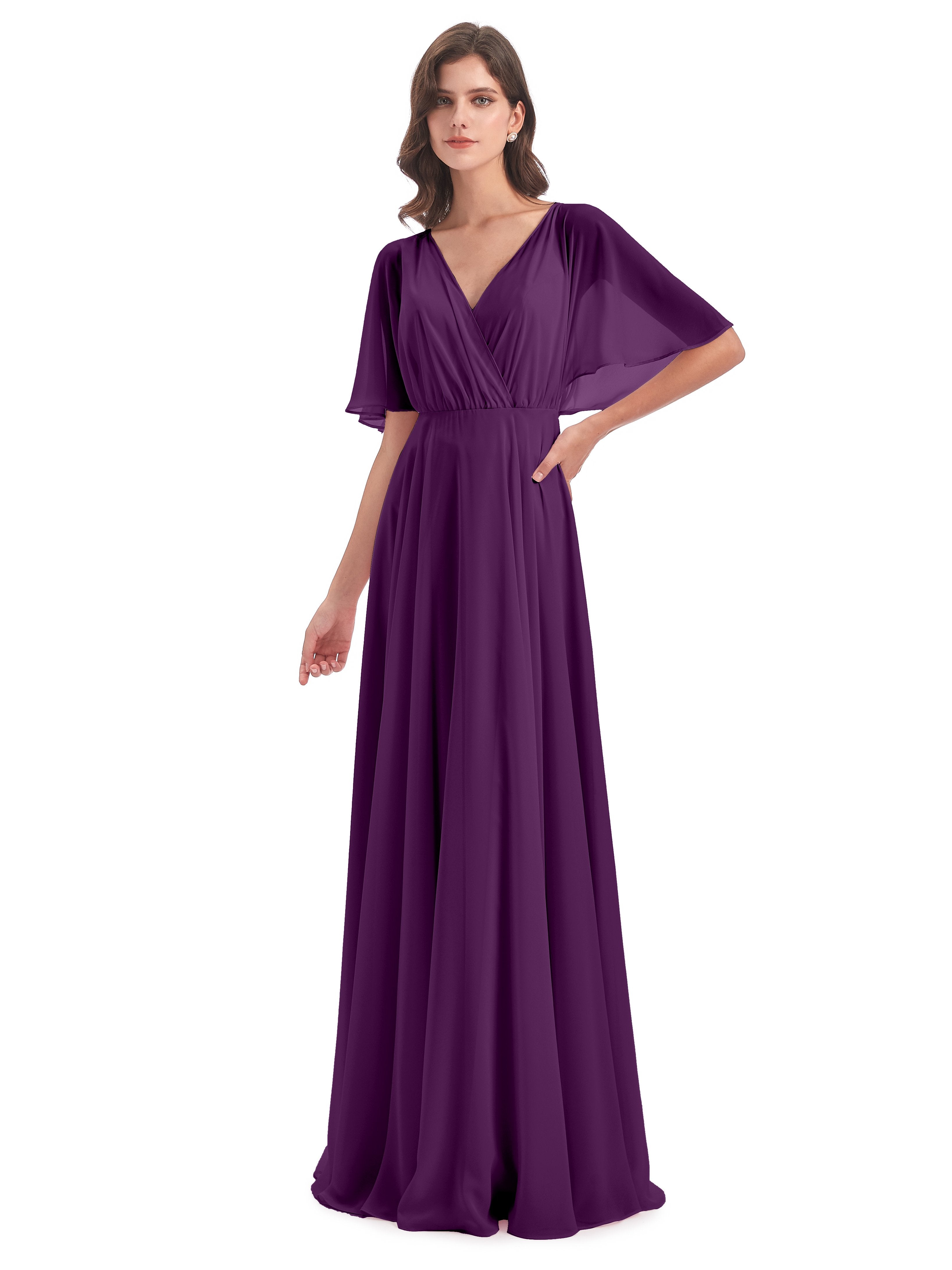 Grape Purple Bridesmaid Dresses Ada Casual Chiffon A-Line Short Sleeve Grape Purple Bridesmaid Dresses Ada Casual Chiffon A-Line Short Sleeve