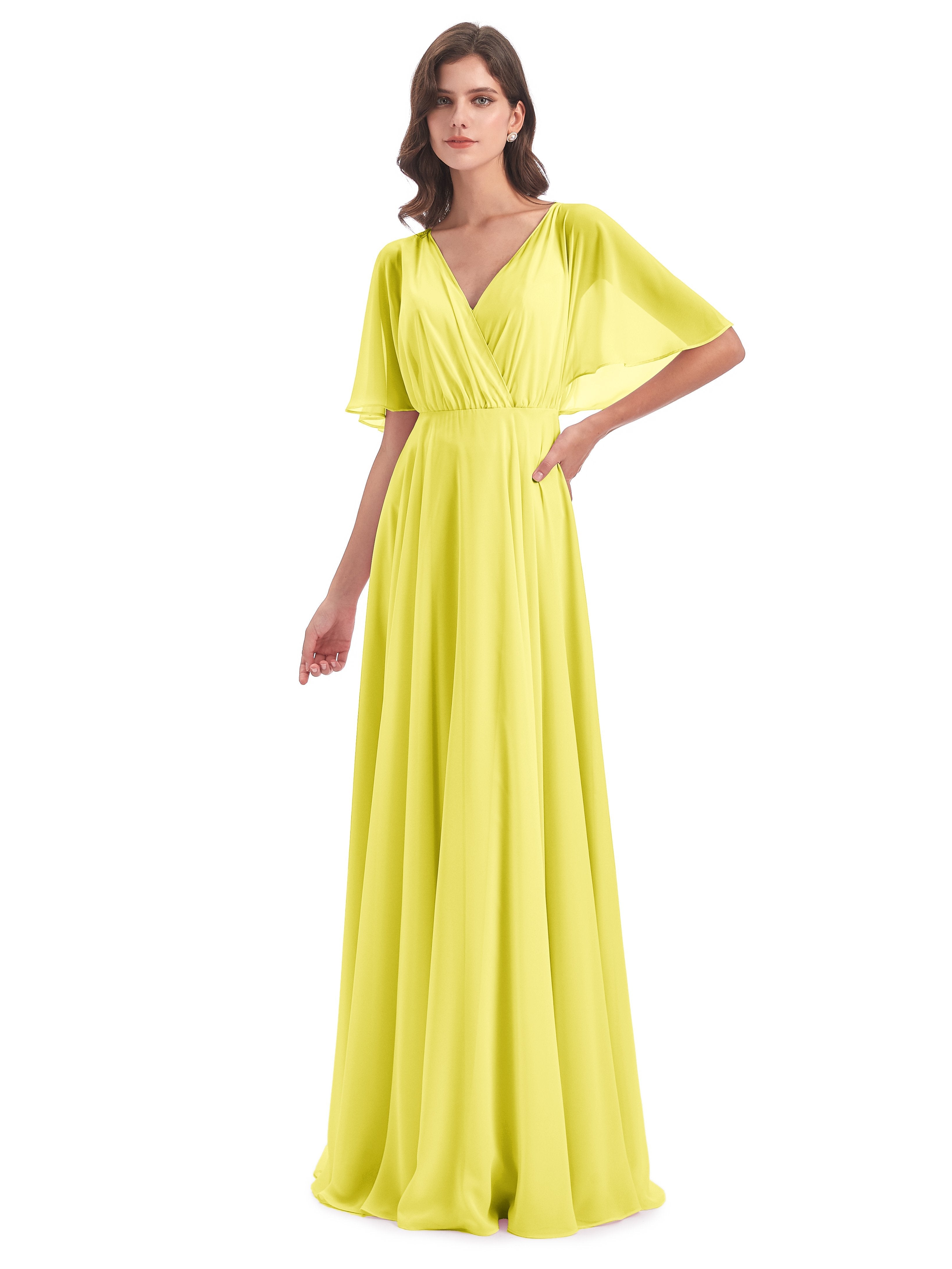 Long Lemon Bridesmaid Dresses Ada Casual Chiffon A-Line Short Sleeves Long Lemon Bridesmaid Dresses Ada Casual Chiffon A-Line Short Sleeves