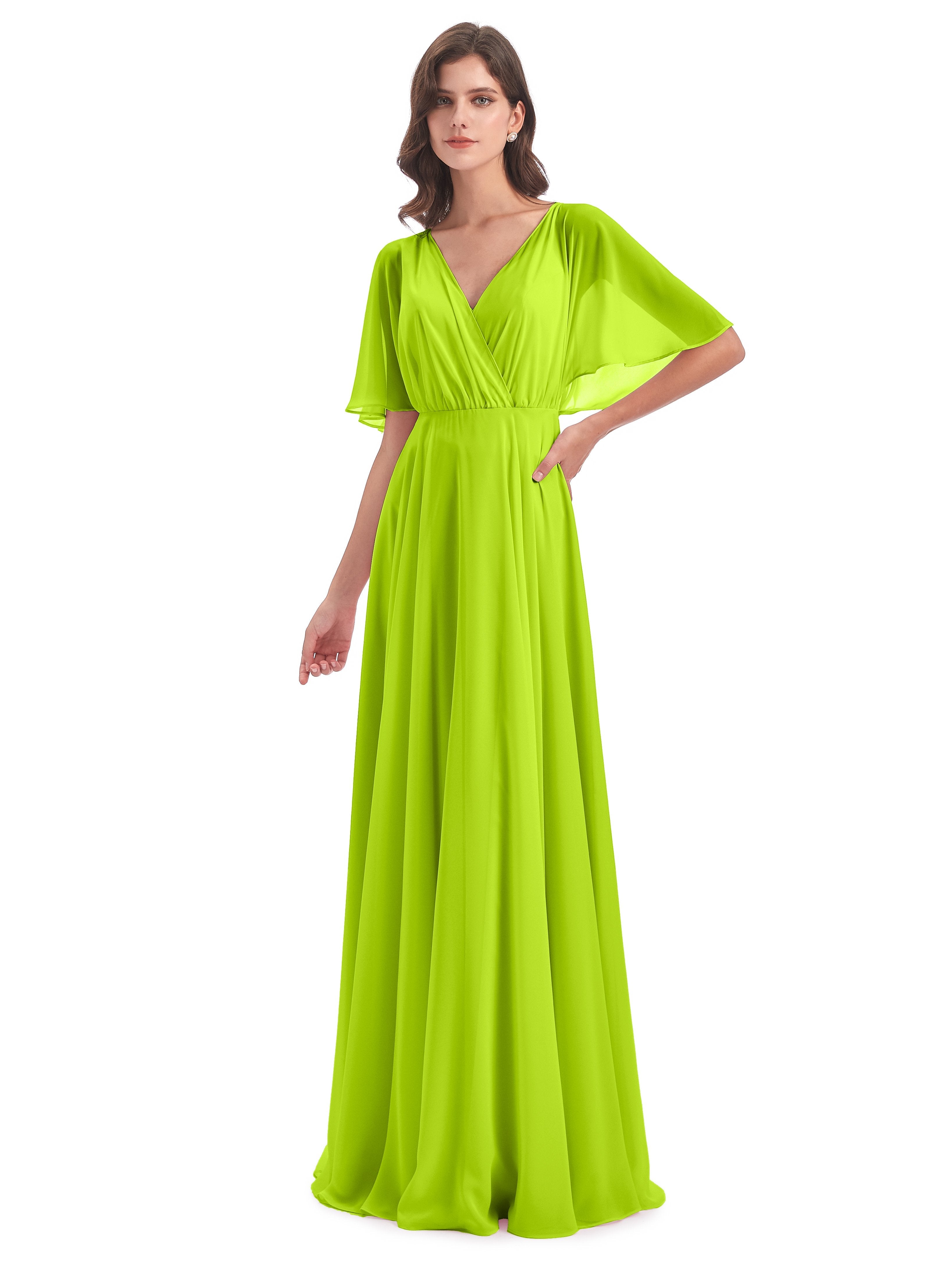 Bridesmaid Lime Green Ada Casual Chiffon A-Line Short Sleeves Long Chi