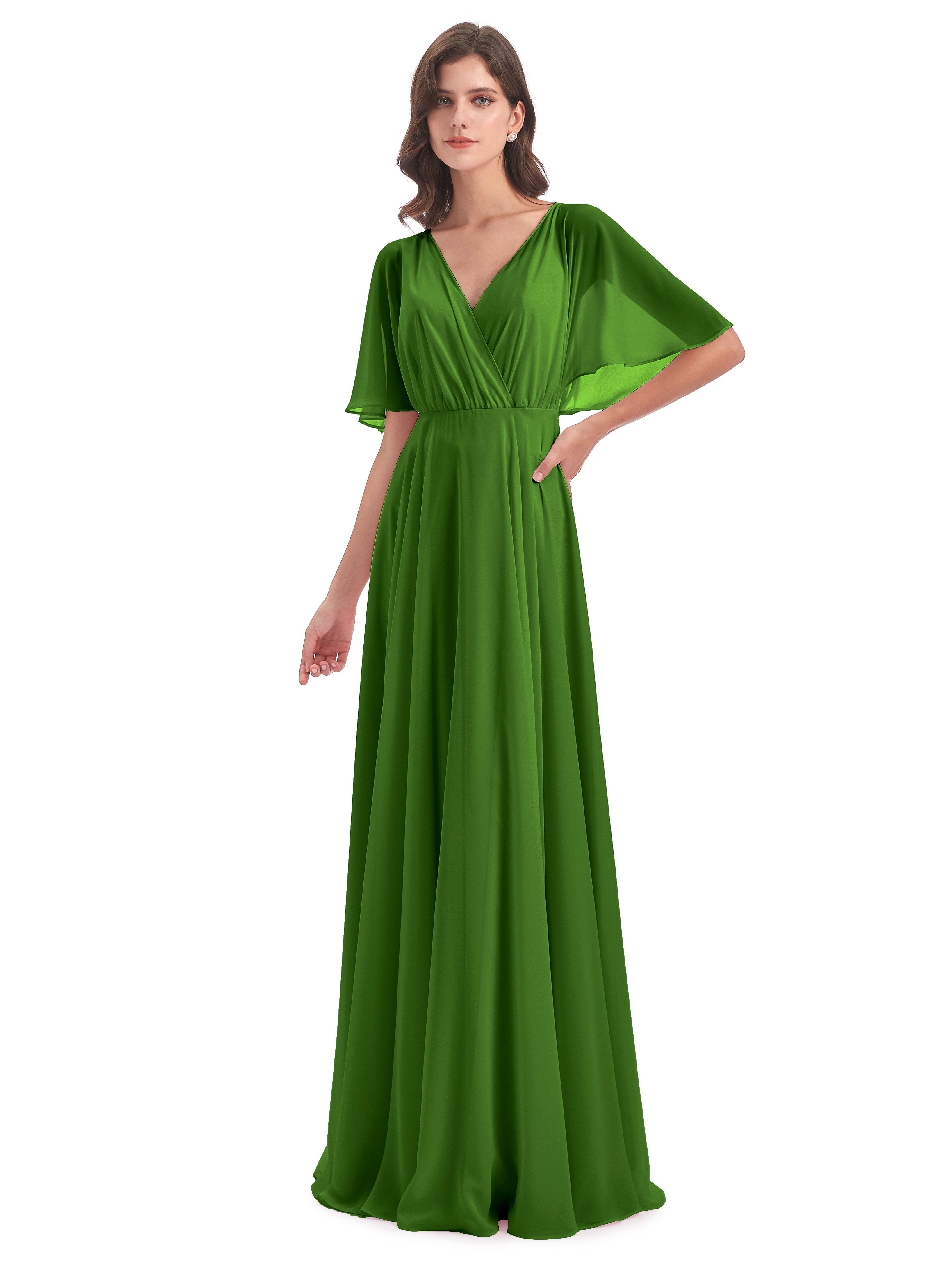 Moss Color Bridesmaid Dresses Ada Casual Chiffon A-Line Short Sleeves Moss Color Bridesmaid Dresses Ada Casual Chiffon A-Line Short Sleeves
