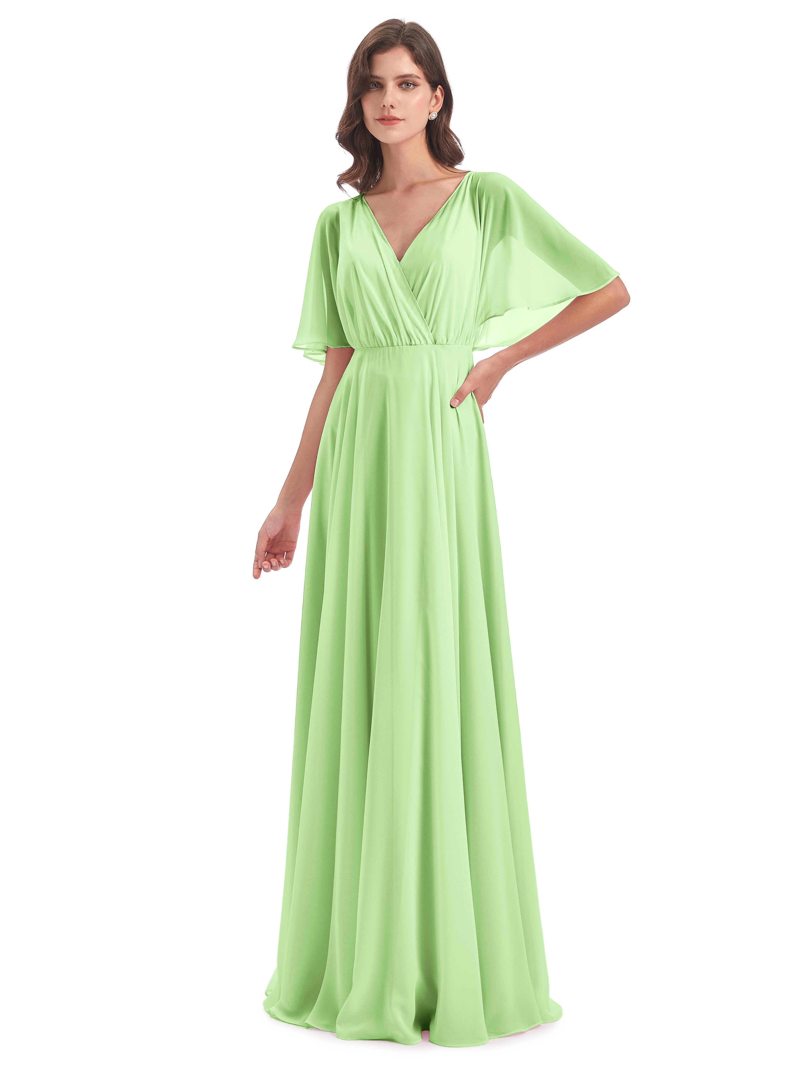 Sage Green Bridesmaids Dress Ada Casual Chiffon A-Line Short Sleeves L Sage Green Bridesmaids Dress Ada Casual Chiffon A-Line Short Sleeves L