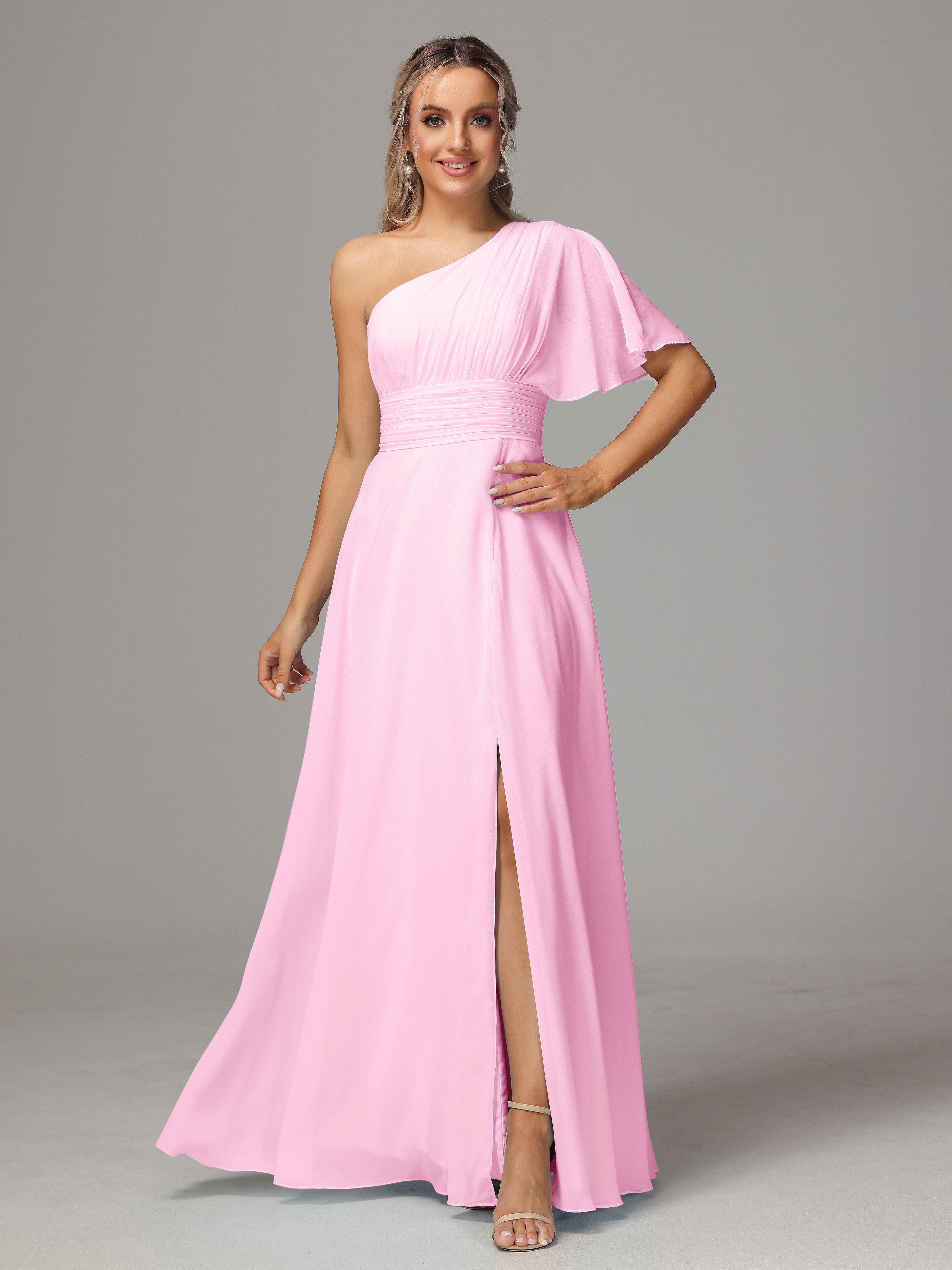 Candy Pink Bridesmaid Dresses One Shoulder Ruffles Chiffon Bridesmaid