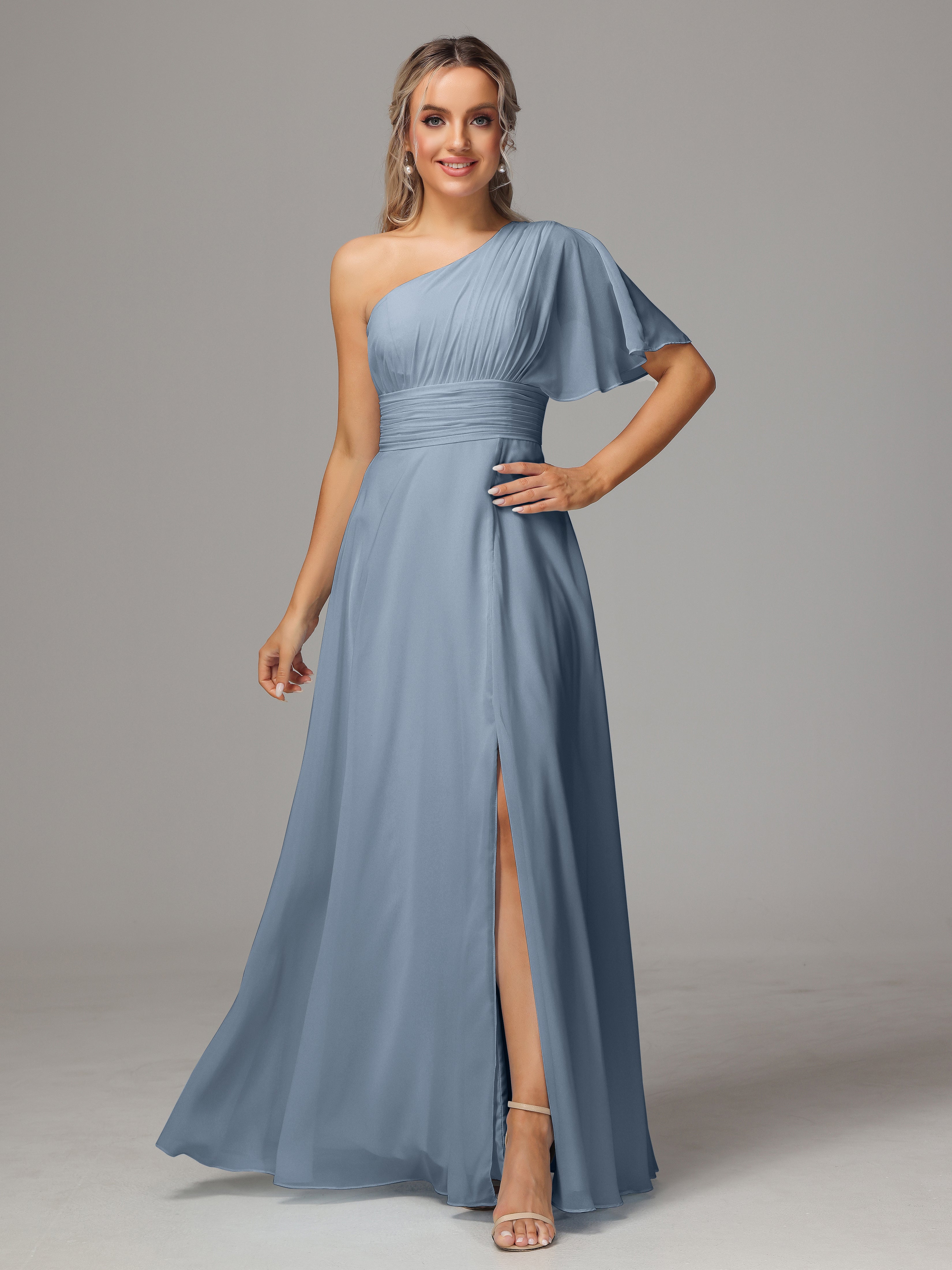 Dusky Blue Bridesmaids Dresses One Shoulder Ruffles Chiffon Bridesmaid