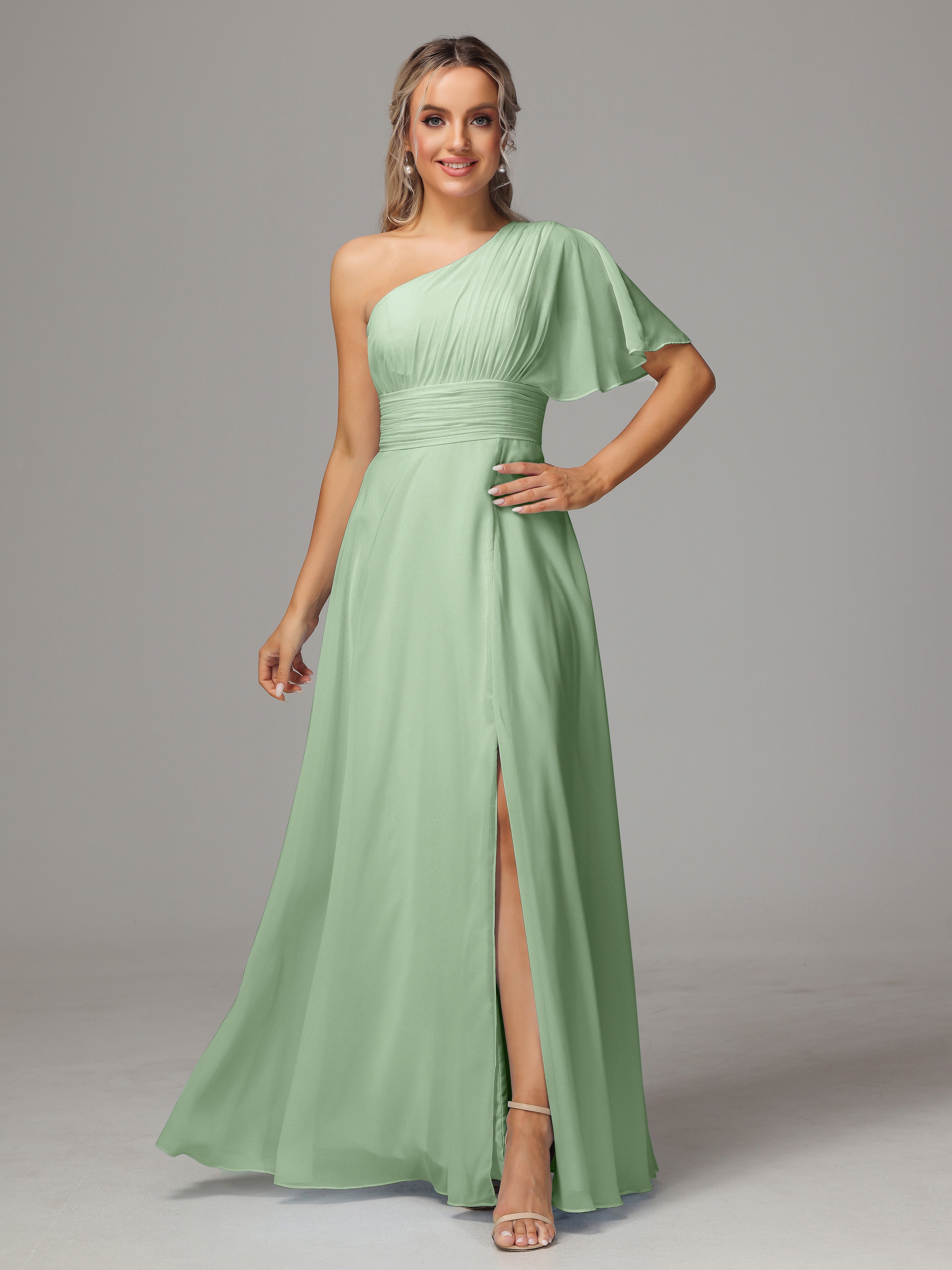 Dusty Sage Chiffon Bridesmaid Dresses One Shoulder Ruffles Chiffon Bri