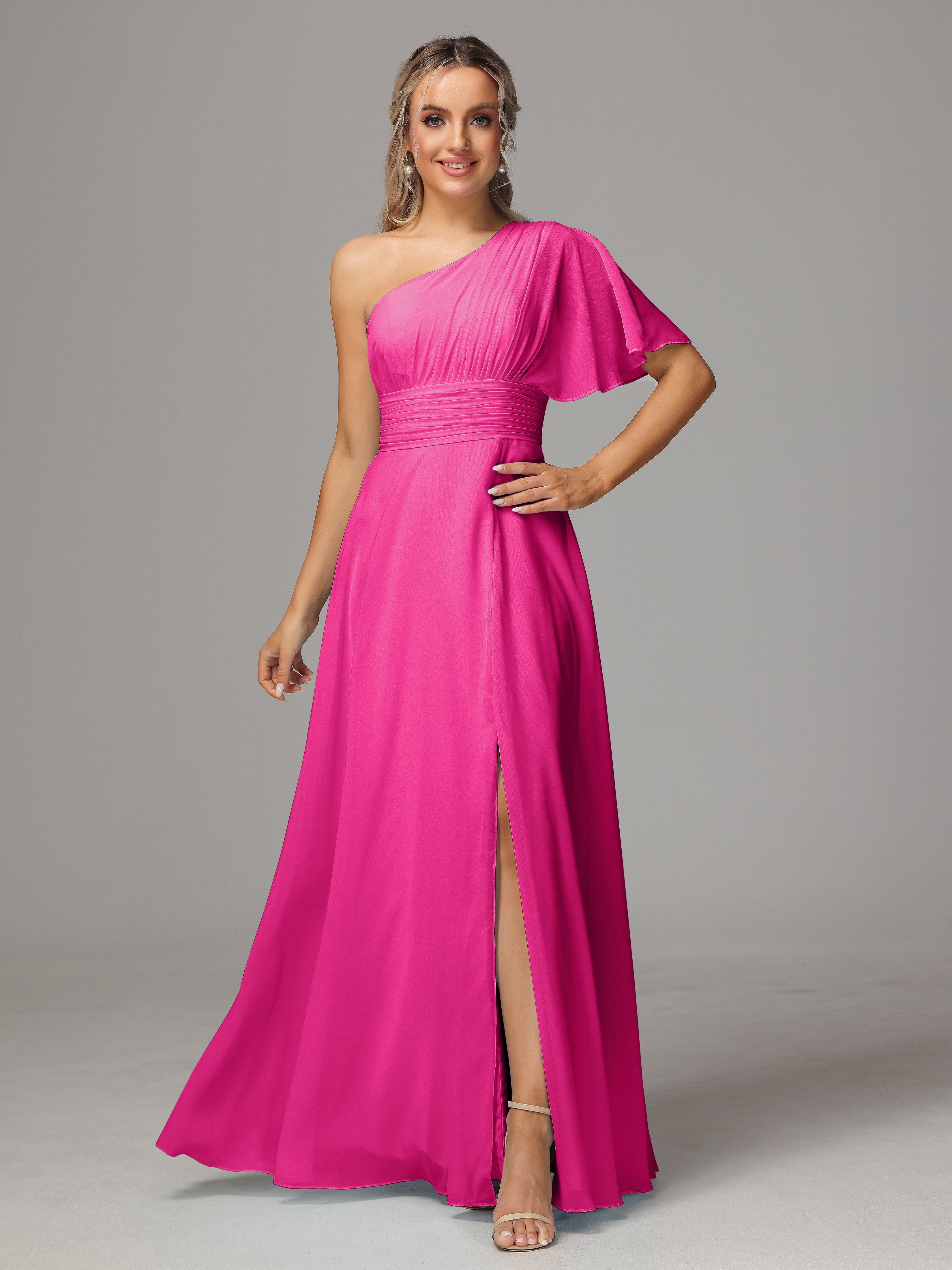 Fuchsia Chiffon Bridesmaid Dress One Shoulder Ruffles Chiffon Bridesma