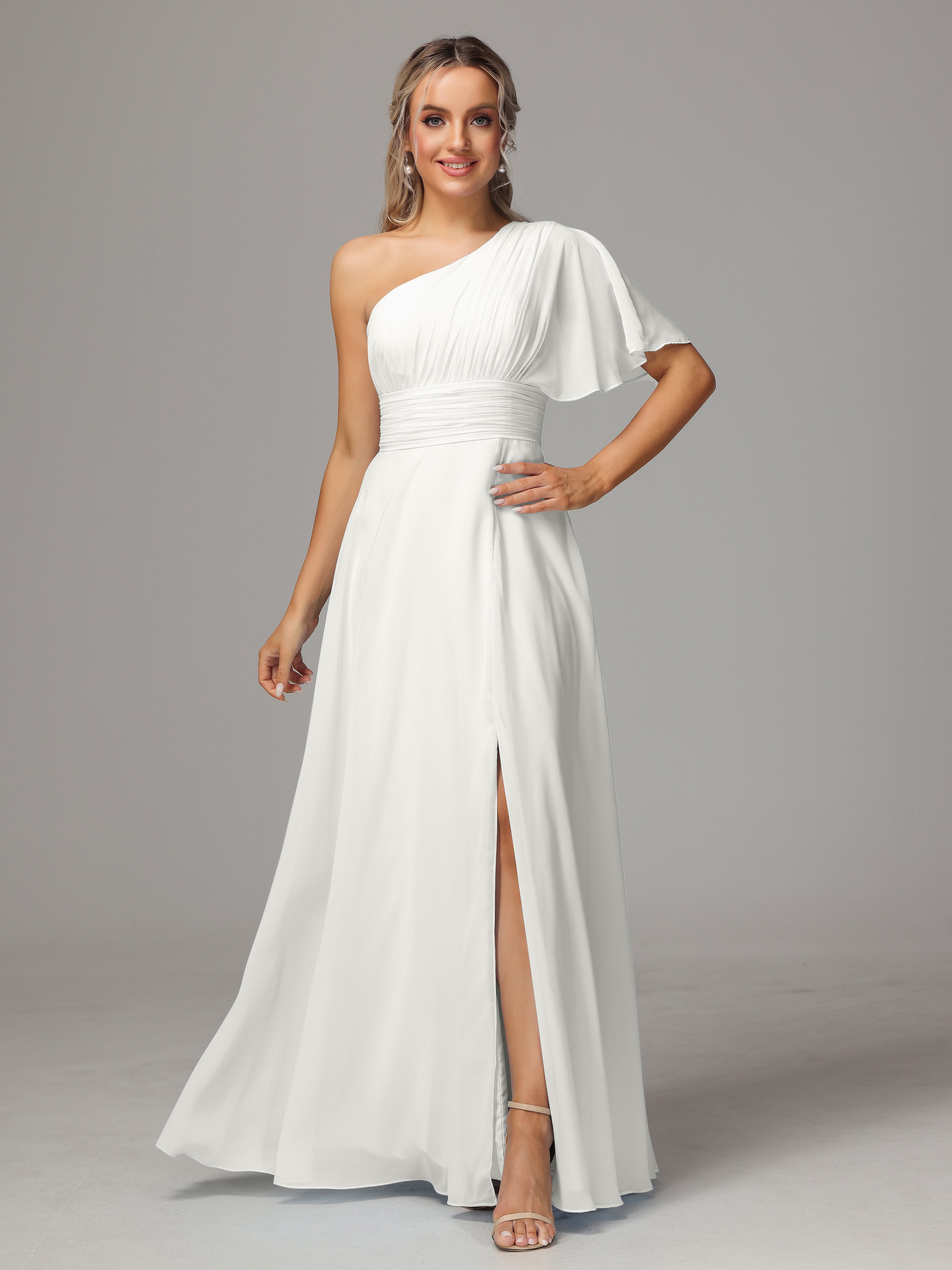 Ivory Dress Bridesmaid One Shoulder Ruffles Chiffon Bridesmaid Dresses