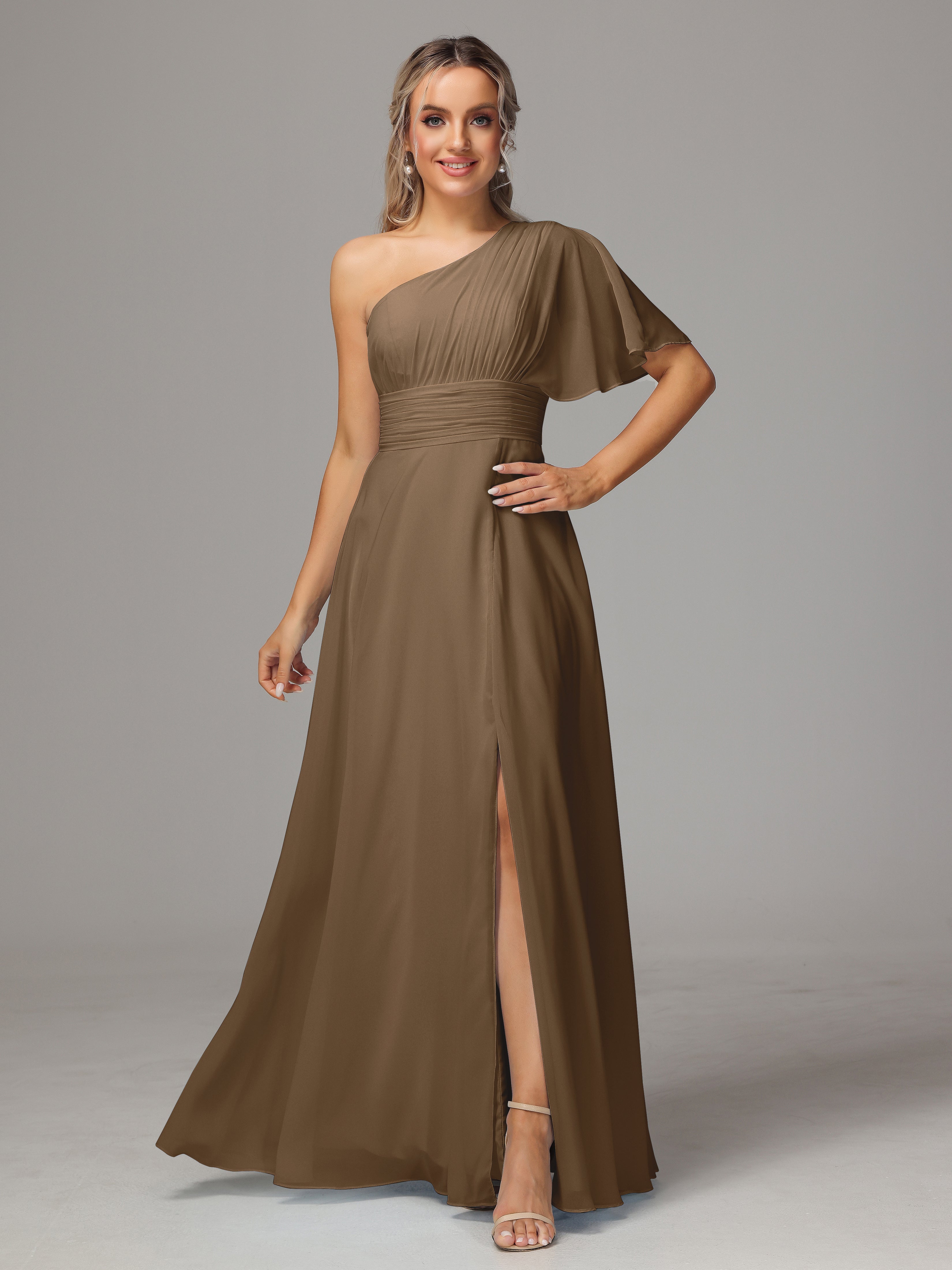 Wedding Mocha Bridesmaid Dresses One Shoulder Ruffles Chiffon Bridesma