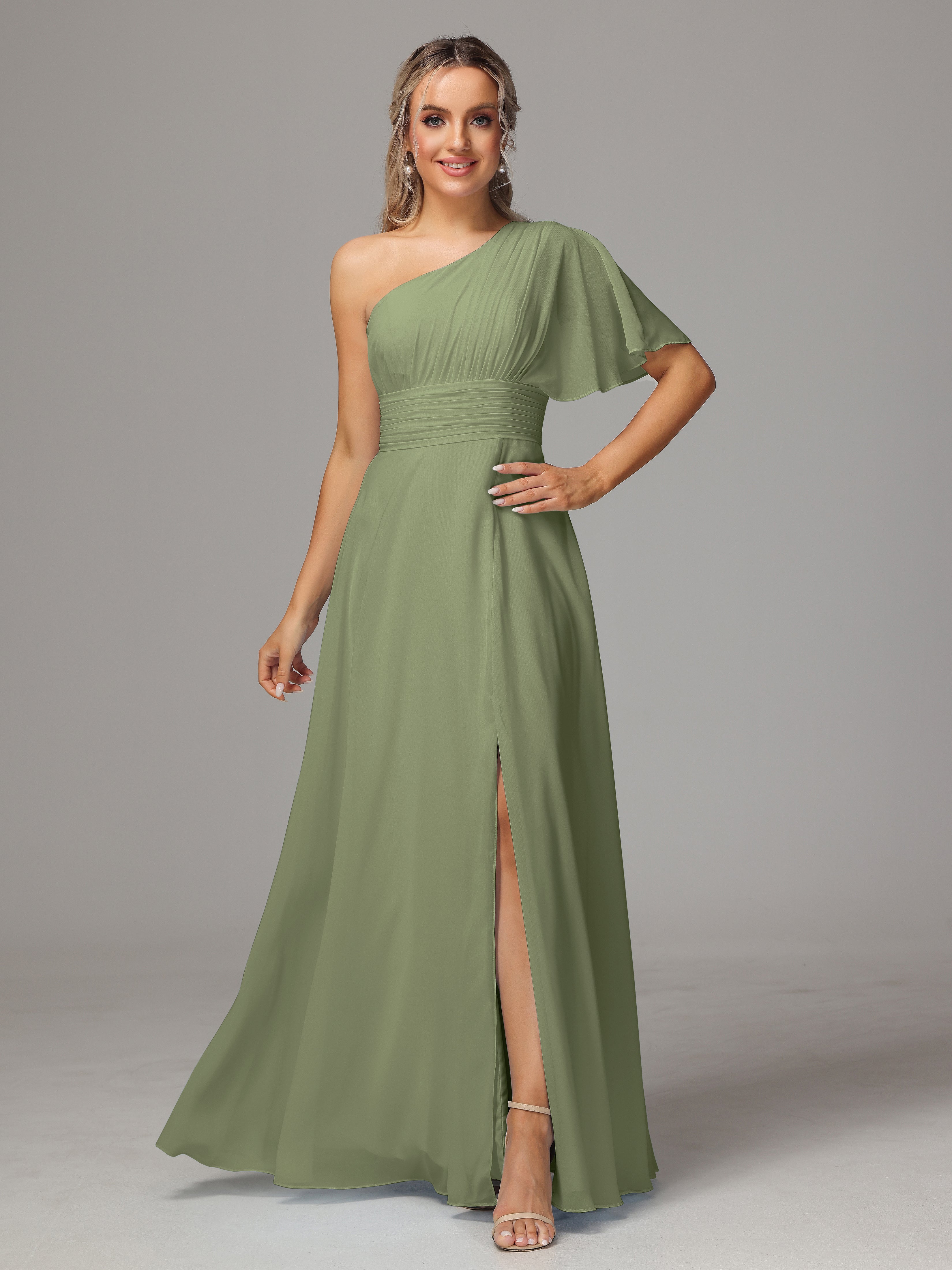 Olive Green Dress Bridesmaid One Shoulder Ruffles Chiffon Bridesmaid D