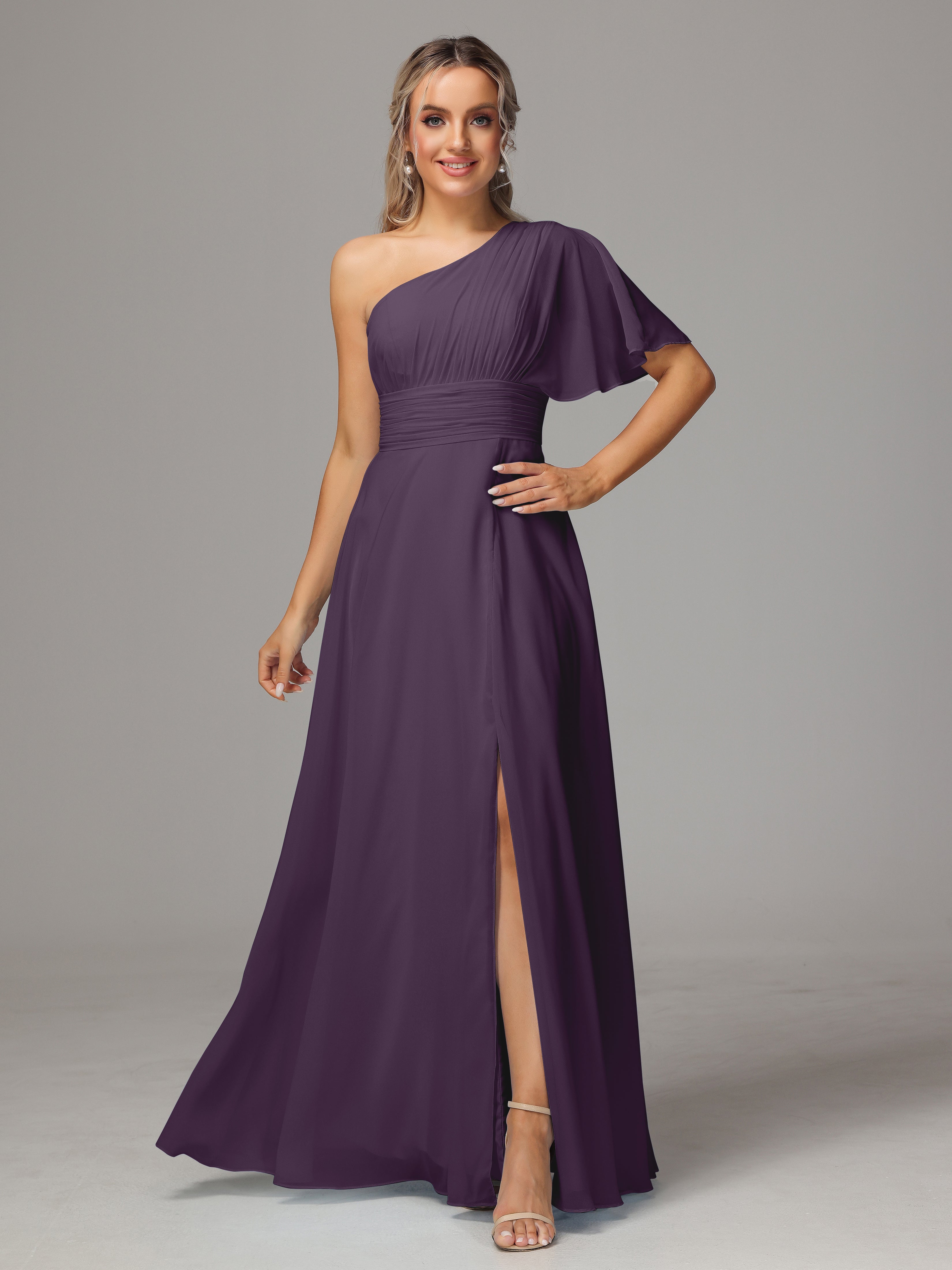 Bridesmaid Dress Plum One Shoulder Ruffles Chiffon Bridesmaid Dresses