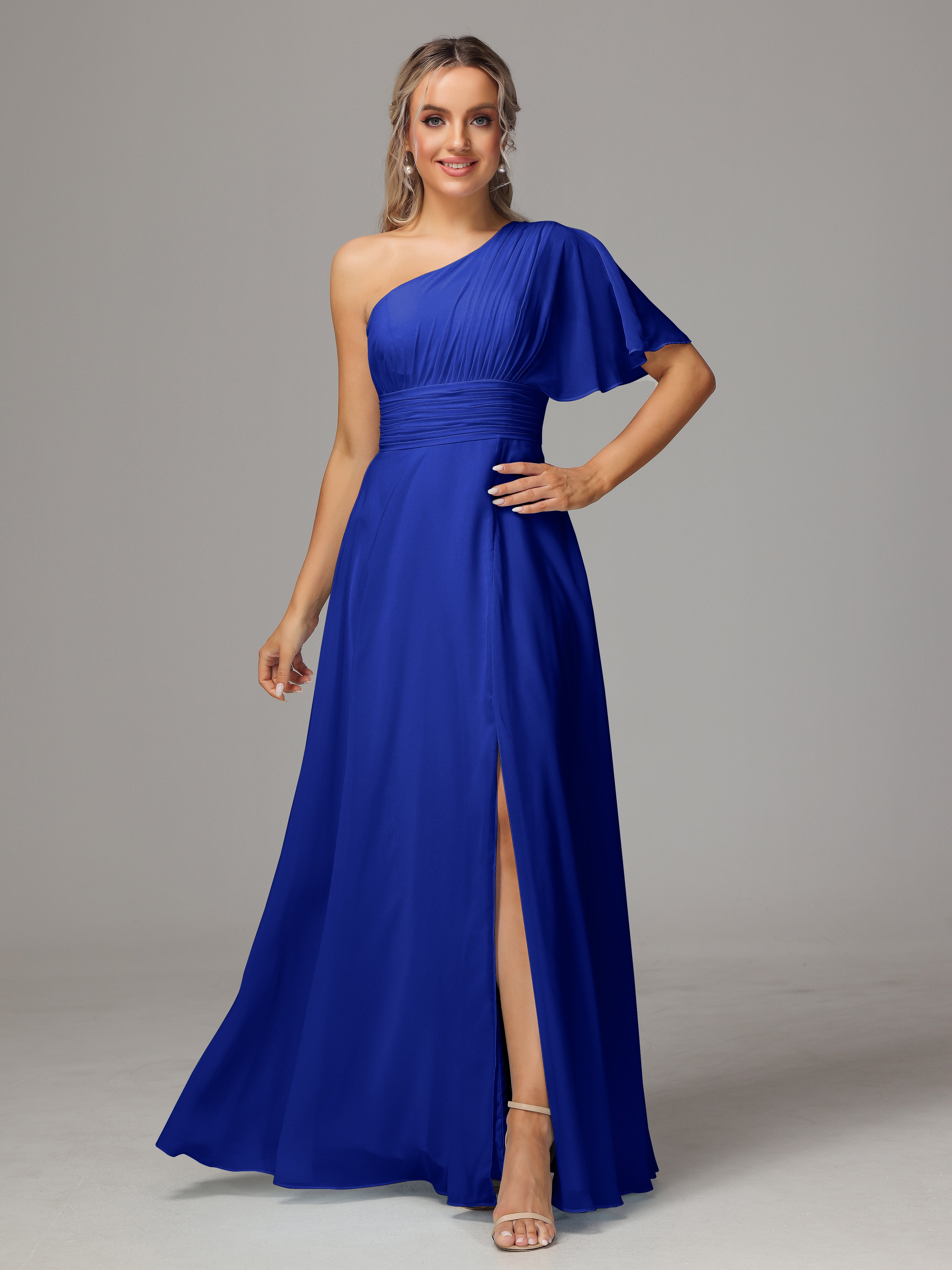 Royal Blue Blue Bridesmaid Dresses One Shoulder Ruffles Chiffon Brides