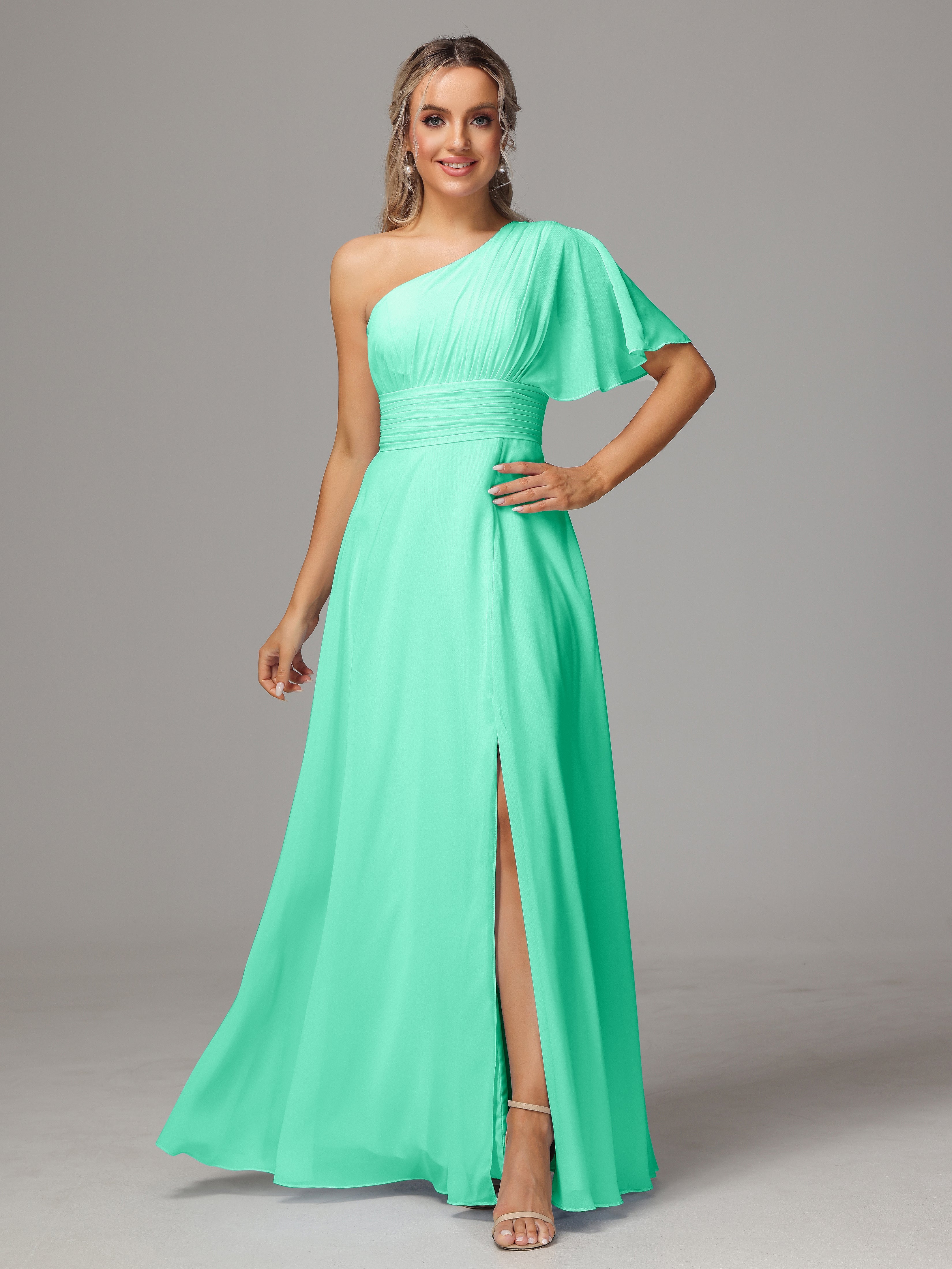 Bright Turquoise Bridesmaid Dresses One Shoulder Ruffles Chiffon Bride