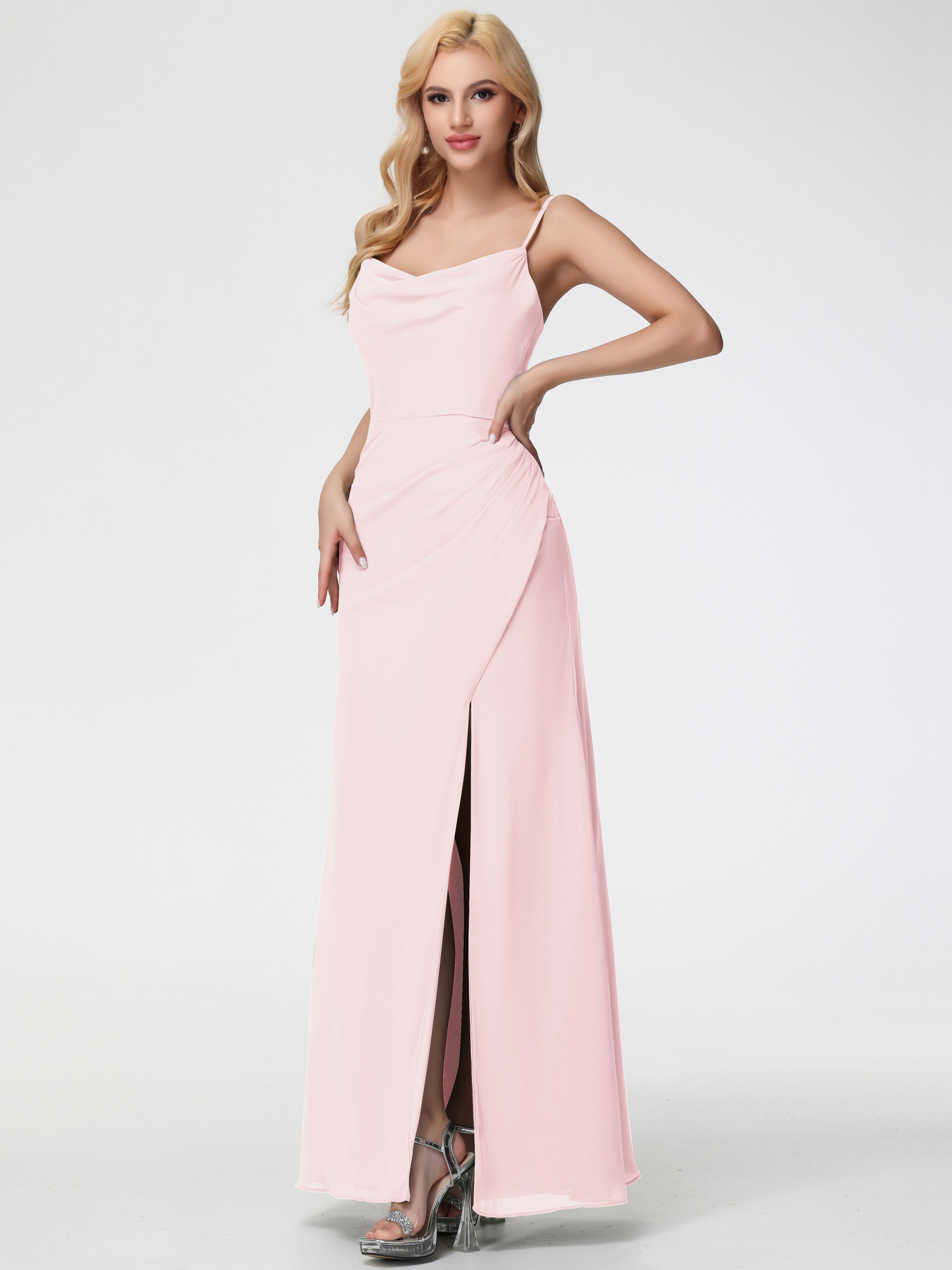 Cowl Sheath/Column Spaghetti Straps Chiffon Bridesmaid Dresses