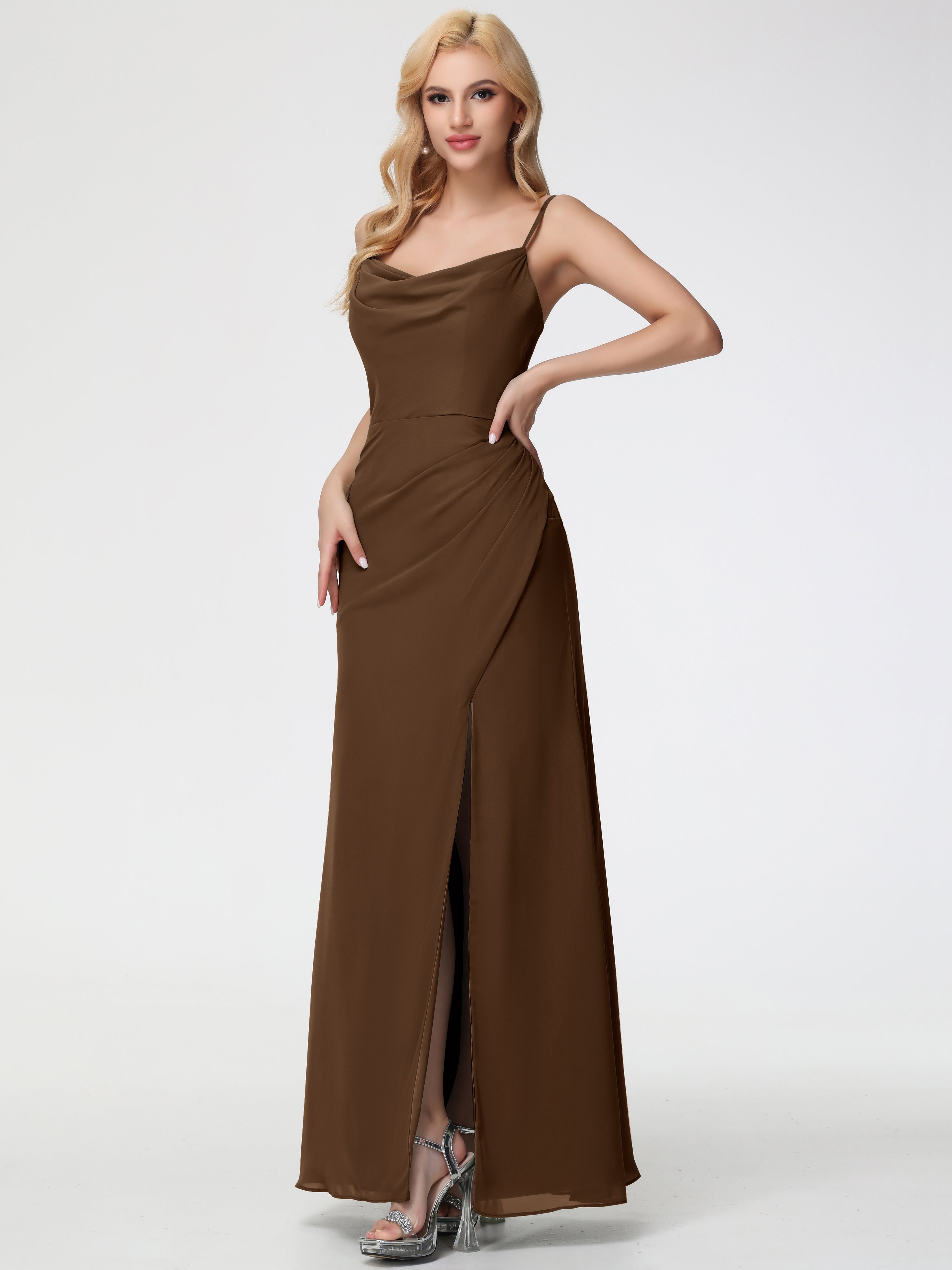 Cowl Sheath/Column Spaghetti Straps Chiffon Bridesmaid Dresses