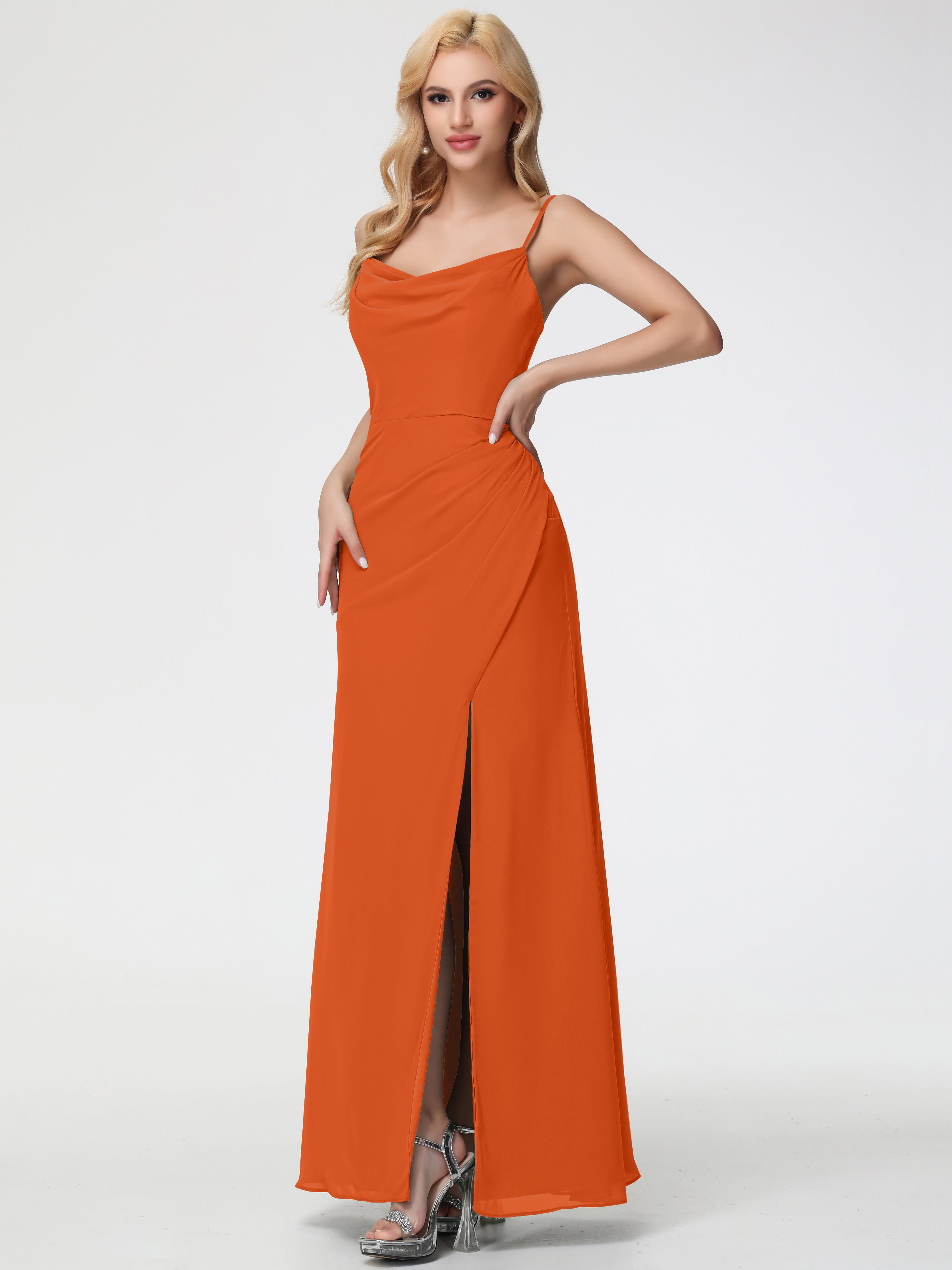 Cowl Sheath/Column Spaghetti Straps Chiffon Bridesmaid Dresses