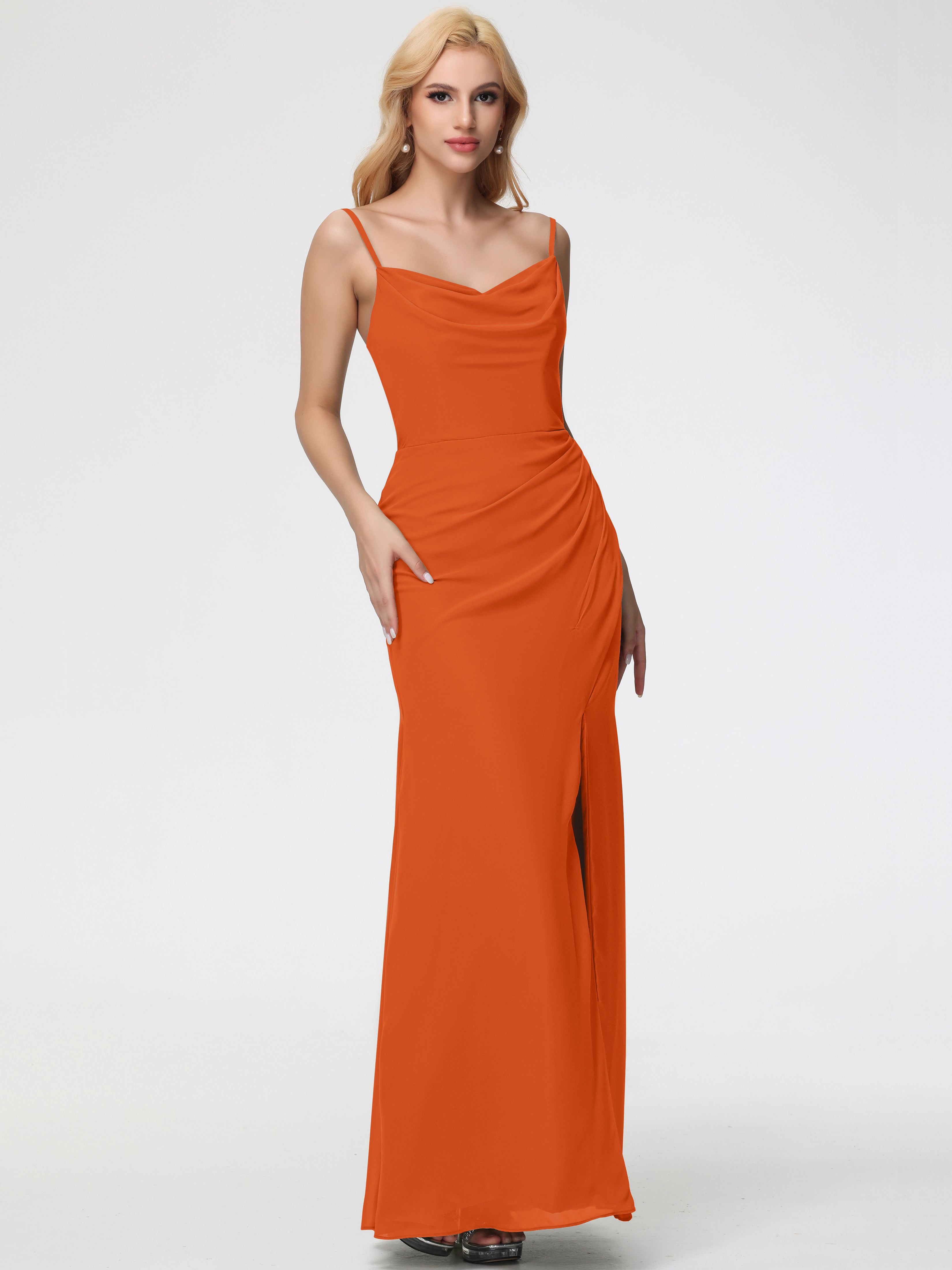 Cowl Sheath/Column Spaghetti Straps Chiffon Bridesmaid Dresses