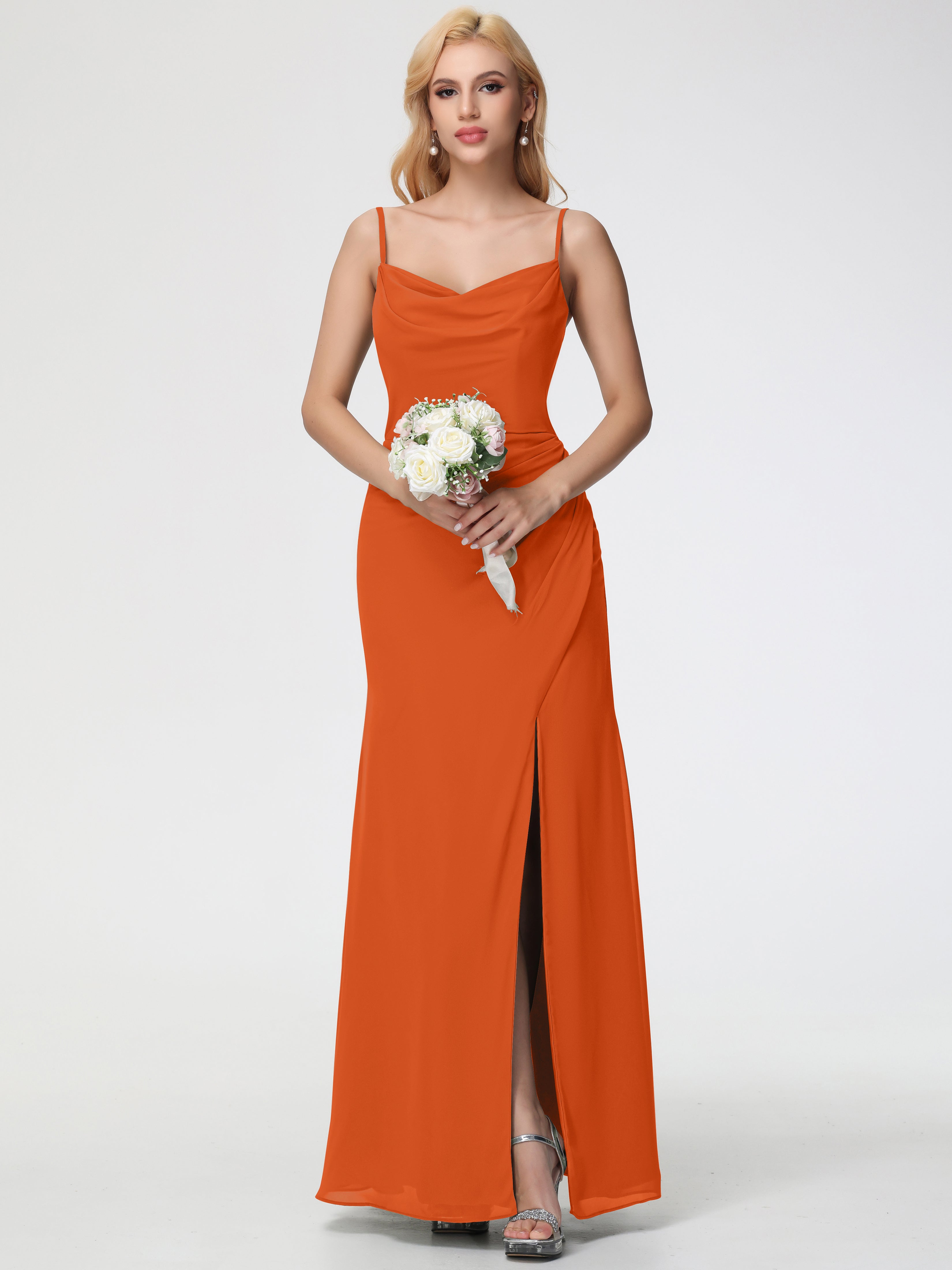Cowl Sheath/Column Spaghetti Straps Chiffon Bridesmaid Dresses