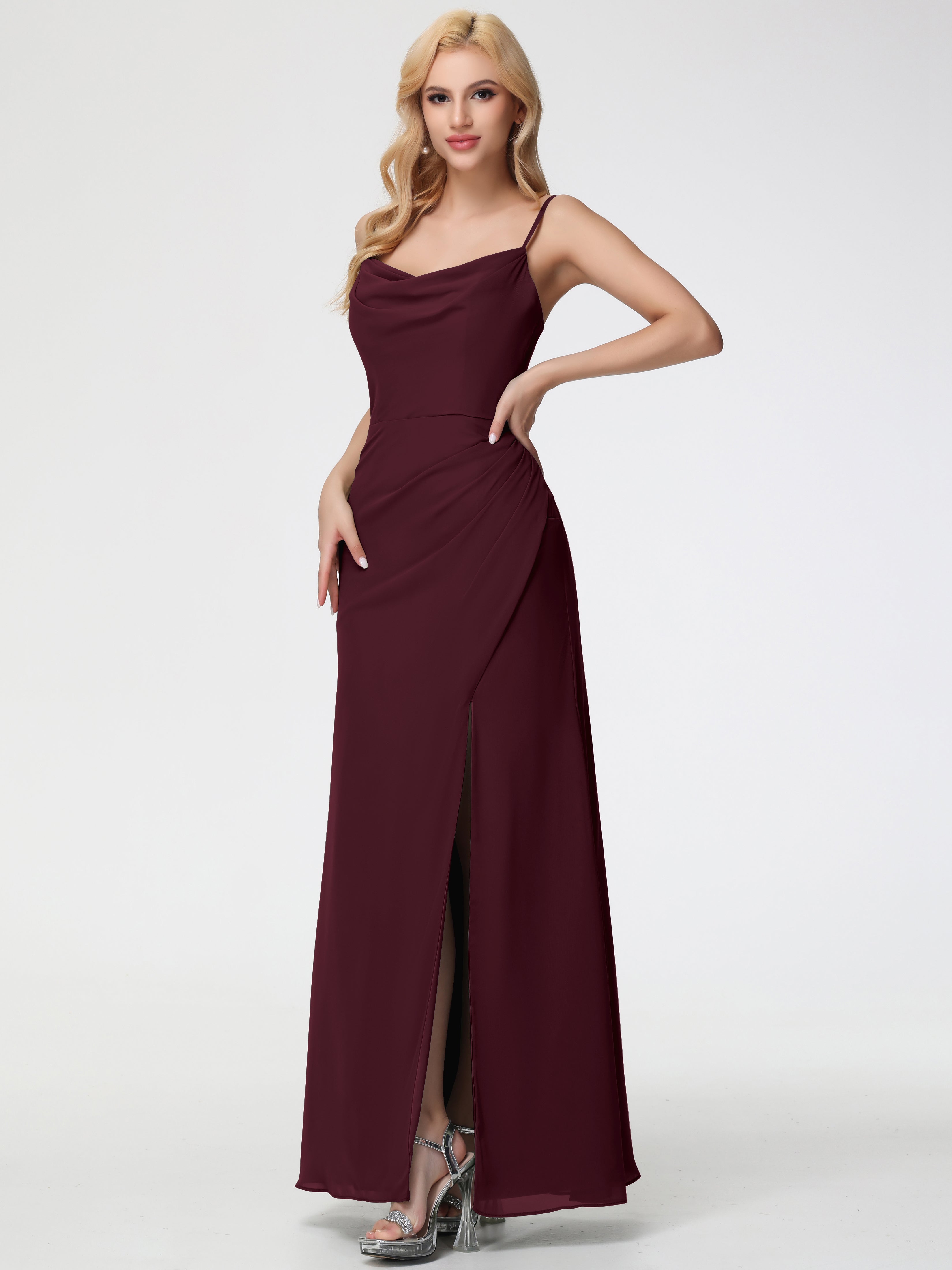 Cowl Sheath/Column Spaghetti Straps Chiffon Bridesmaid Dresses